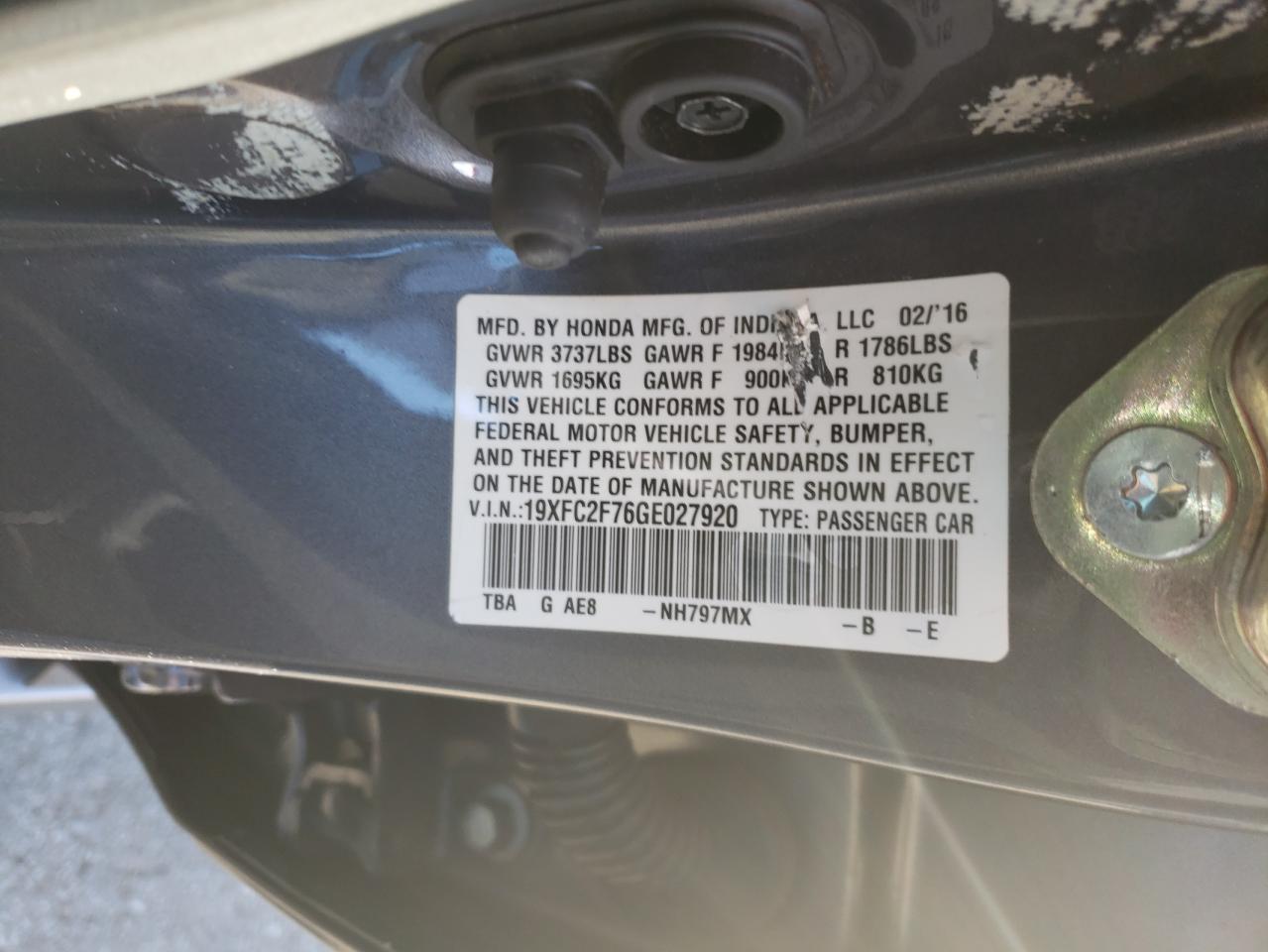 Photo 10 from auction – 2016 HONDA CIVIC EX with VIN 19XFC2F76GE027920
