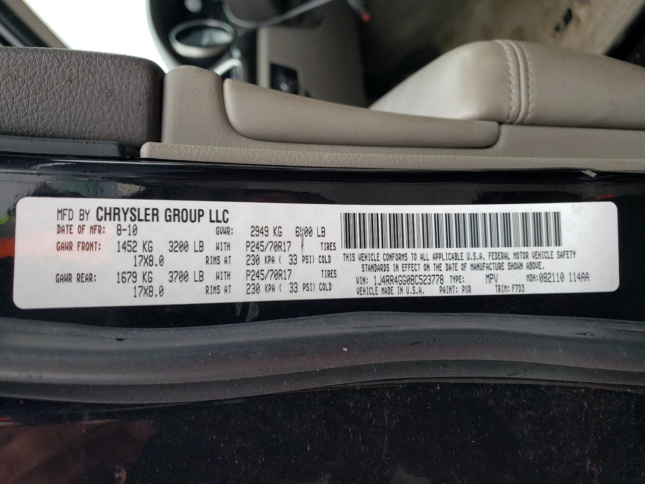 Photo 10 from auction – 2011 JEEP GRAND CHER with VIN 1J4RR4GG0BC523778