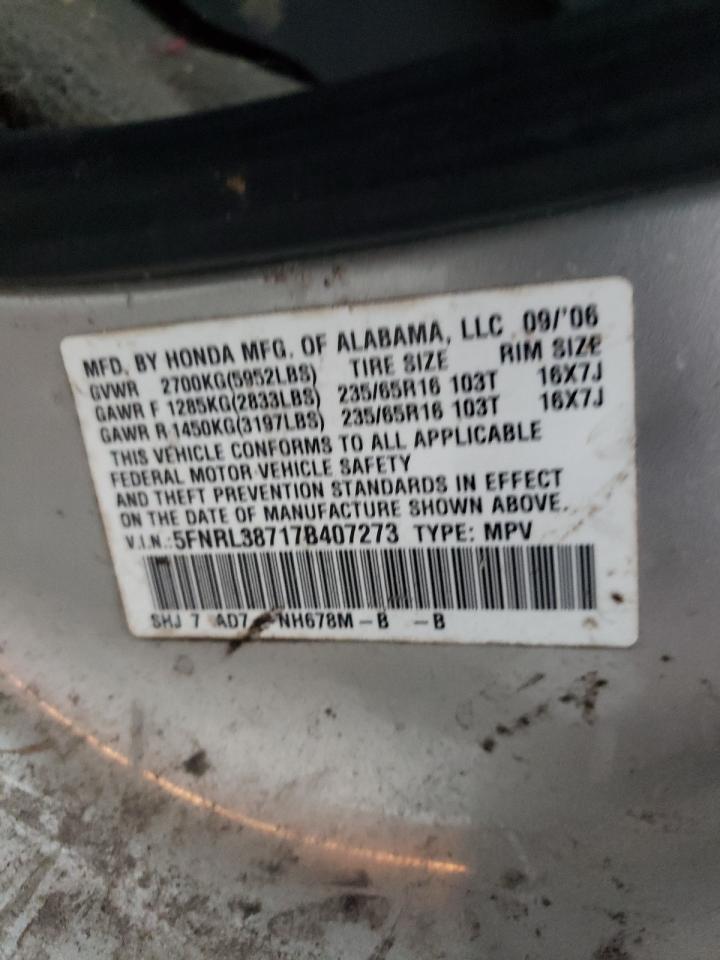 Photo 10 from auction – 2007 HONDA ODYSSEY EX with VIN 5FNRL38717B407273