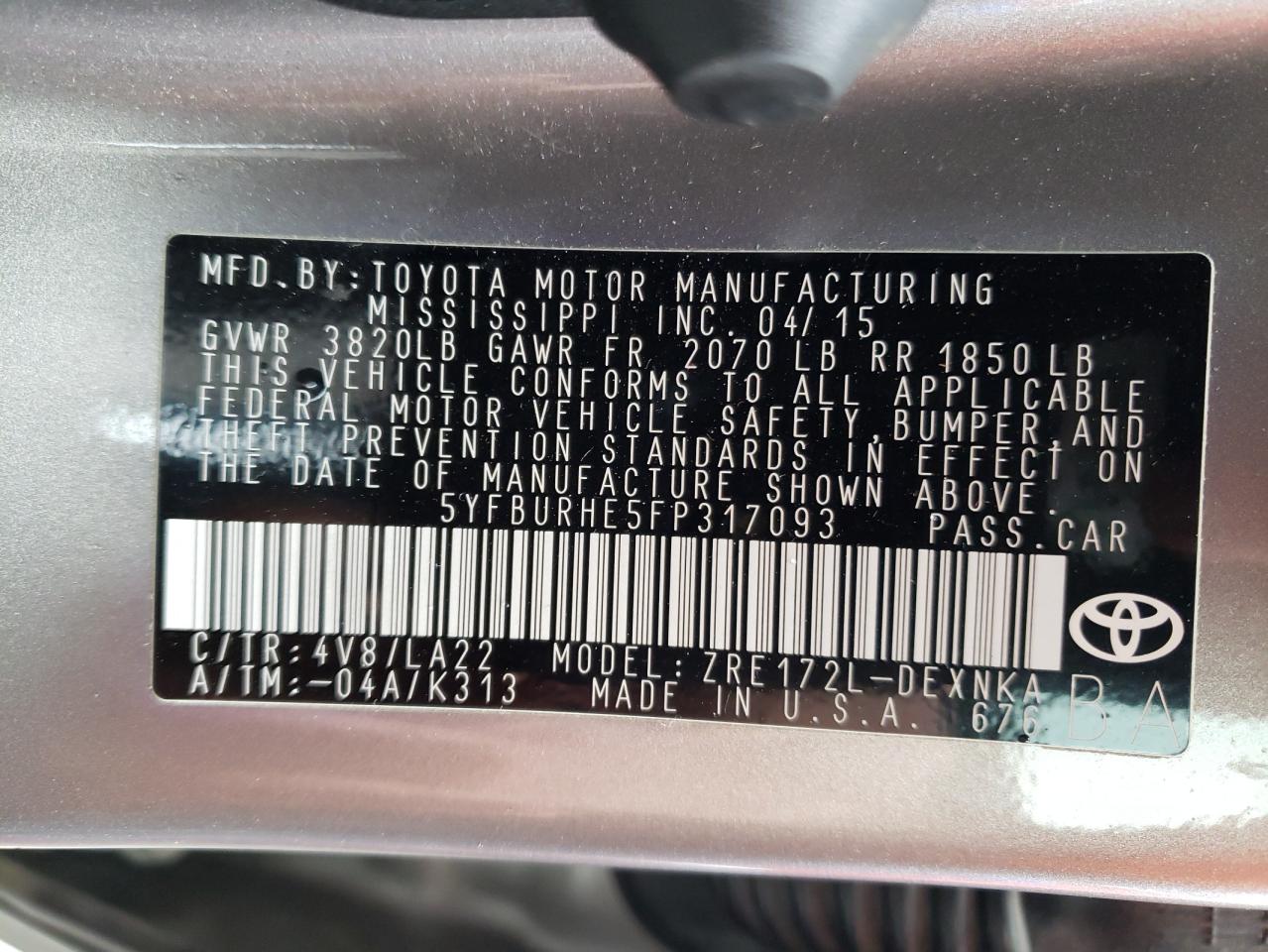 Photo 10 from auction – 2015 TOYOTA COROLLA L with VIN 5YFBURHE5FP317093