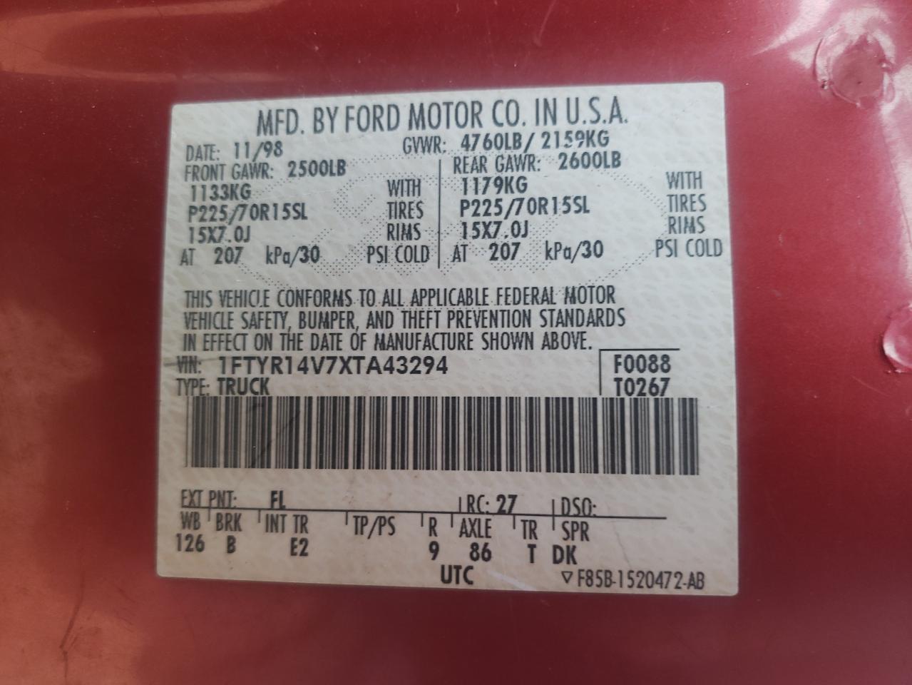 Photo 10 from auction – 1999 FORD RANGER SUP with VIN 1FTYR14V7XTA43294
