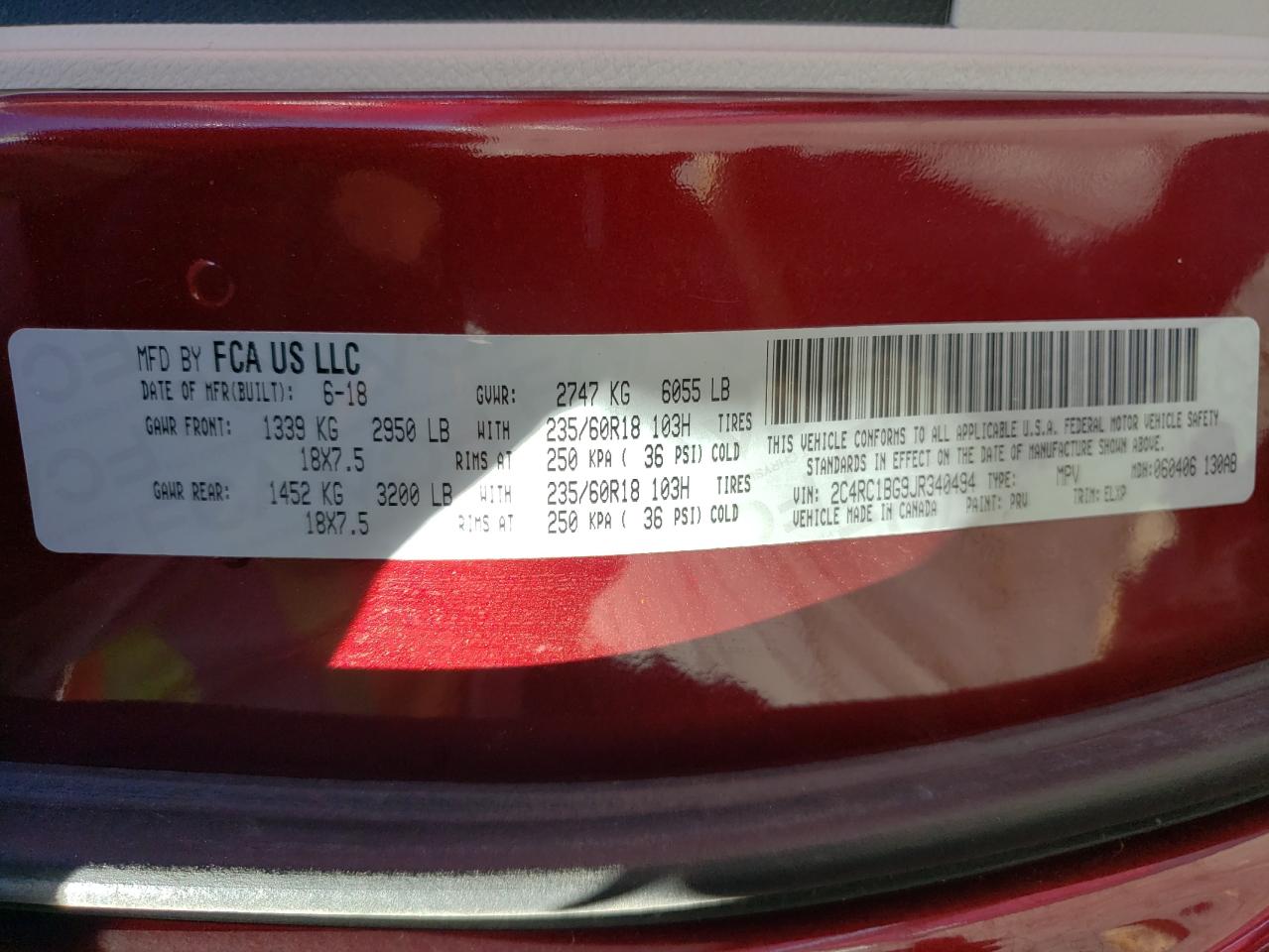 Photo 10 from auction – 2018 CHRYSLER PACIFICA T with VIN 2C4RC1BG9JR340494