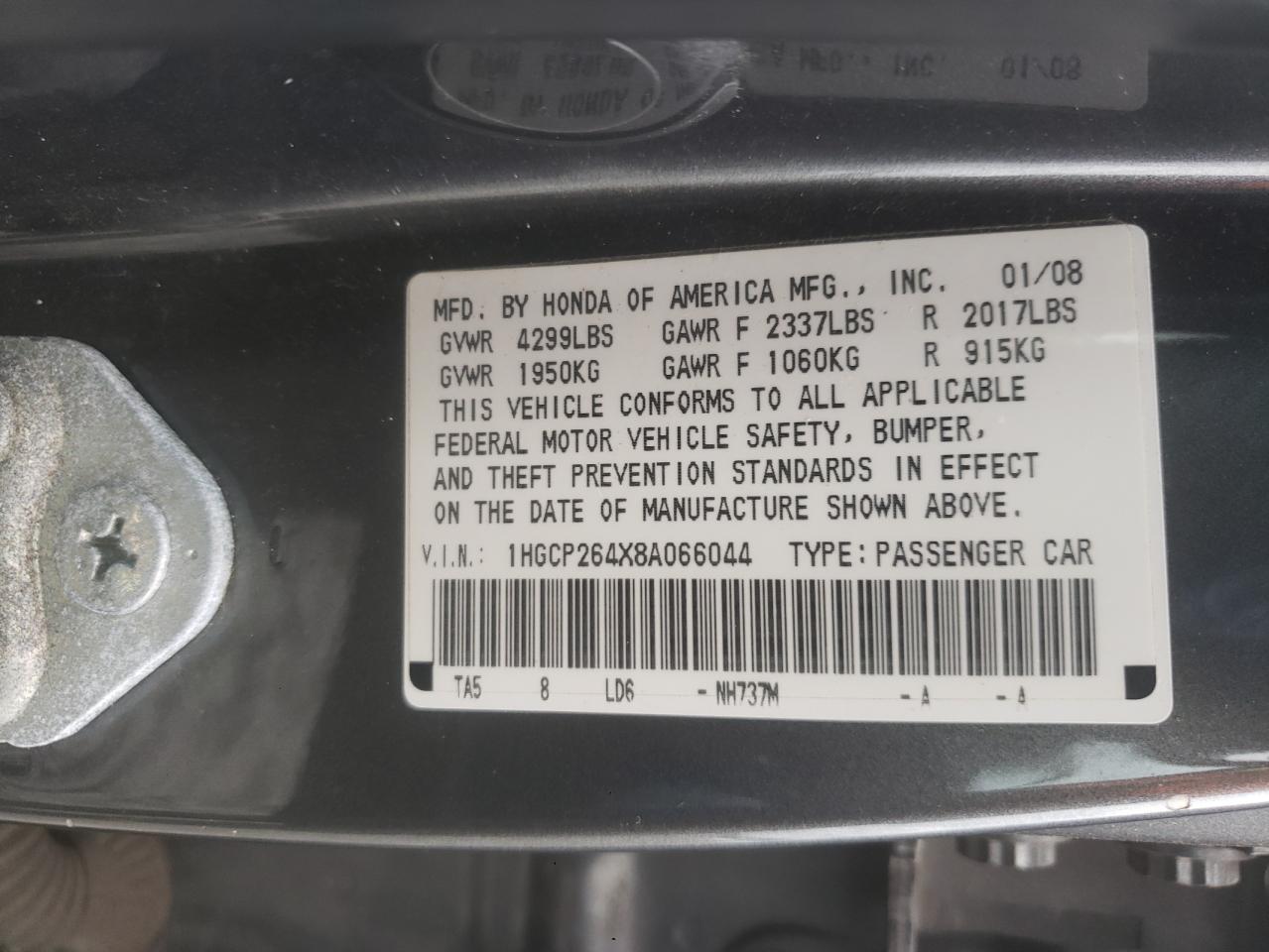 Photo 10 from auction – 2008 HONDA ACCORD LXP with VIN 1HGCP264X8A066044