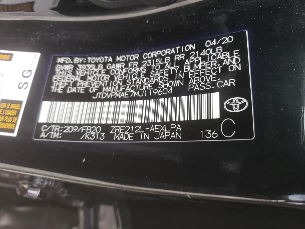 Photo 10 from auction – 2021 TOYOTA COROLLA LE with VIN JTDVPMAE7MJ119604
