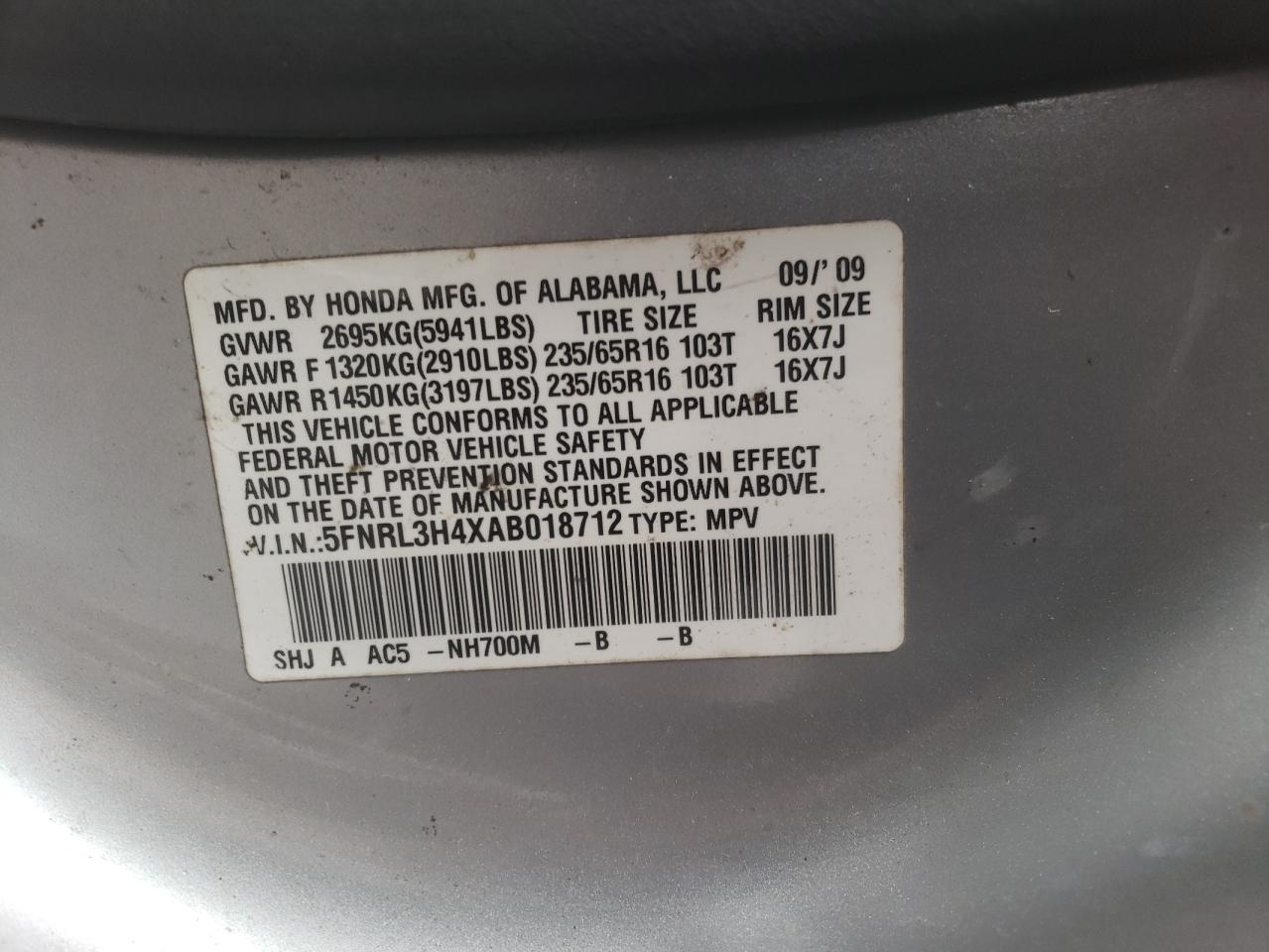 Photo 10 from auction – 2010 HONDA ODYSSEY EX with VIN 5FNRL3H4XAB018712