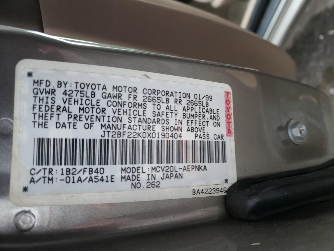 Photo 10 from auction – 1999 TOYOTA CAMRY LE with VIN JT2BF22K0X0190404