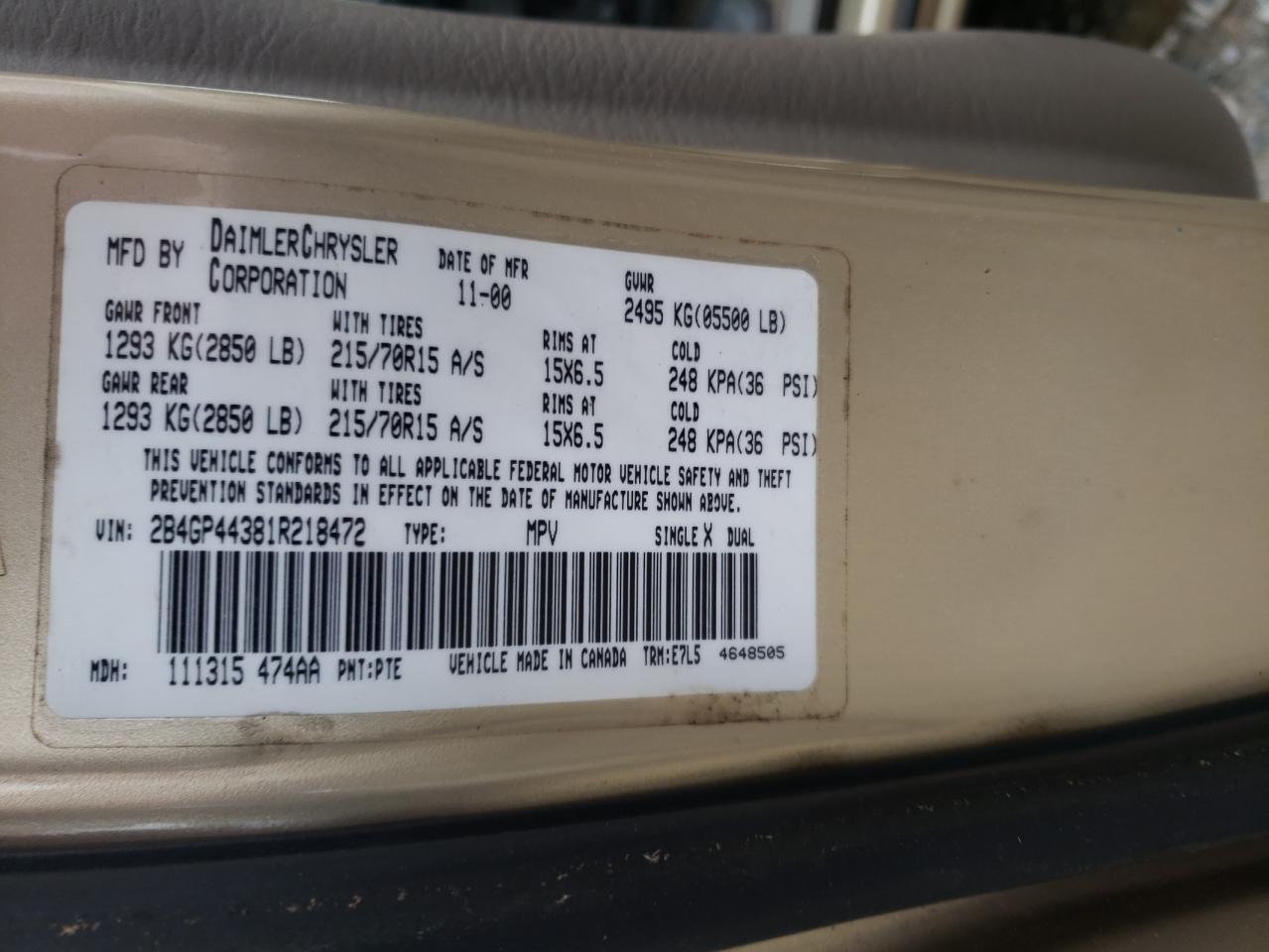 Photo 10 from auction – 2001 DODGE GRAND CARA with VIN 2B4GP44381R218472