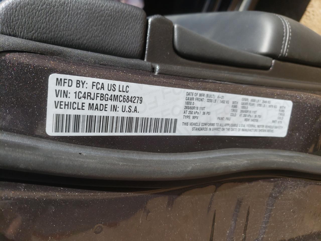 Photo 10 from auction – 2021 JEEP GRAND CHER with VIN 1C4RJFBG4MC684279