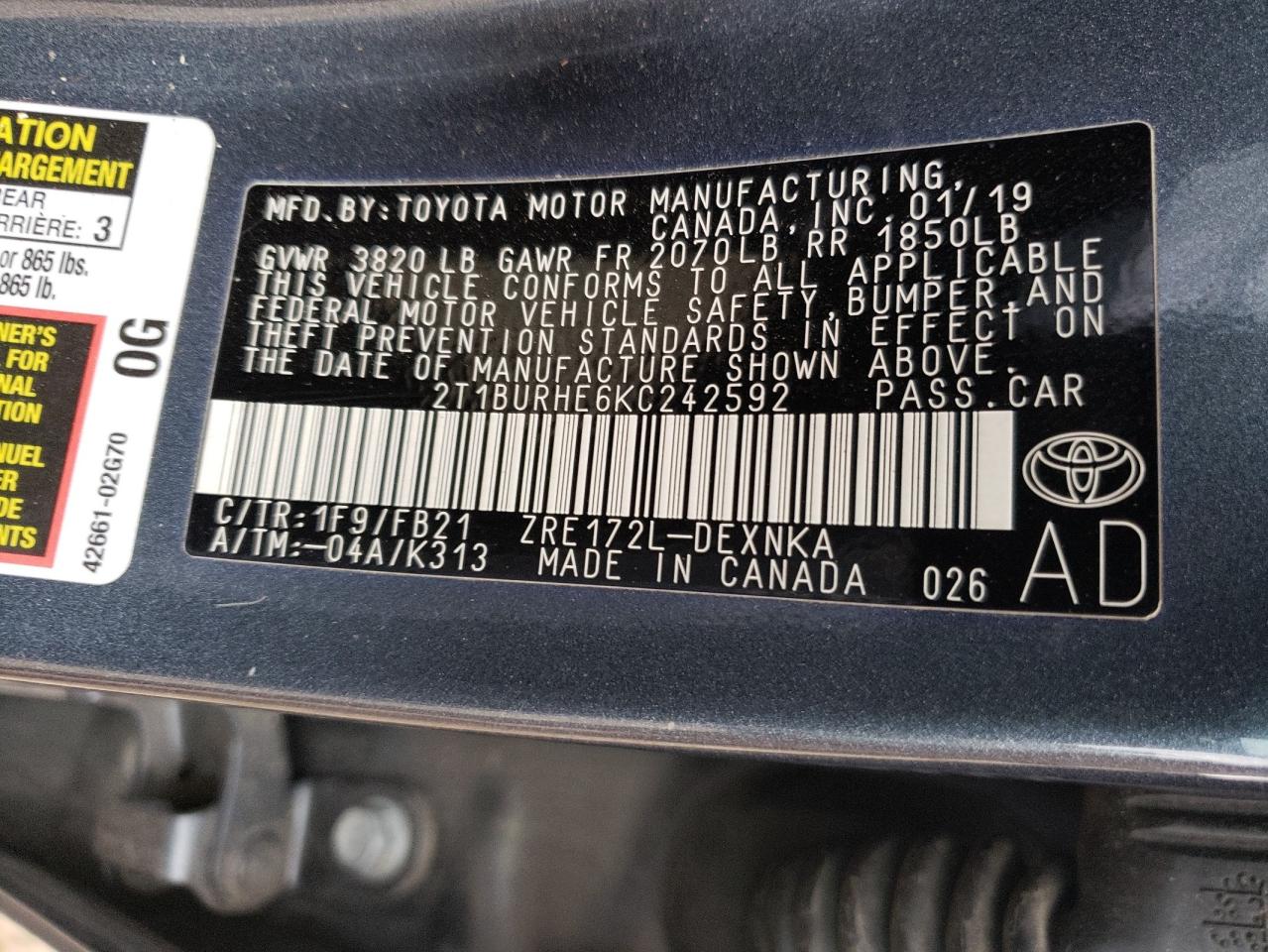 Zdjęcie 10 z aukcji – 2019 TOYOTA COROLLA L z VIN 2T1BURHE6KC242592