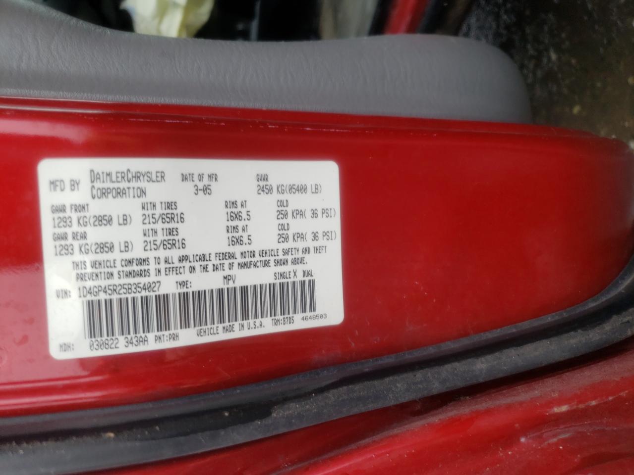 صورة رقم 10 من المزاد - 2005 DODGE CARAVAN SX مع VIN 1D4GP45R25B354027
