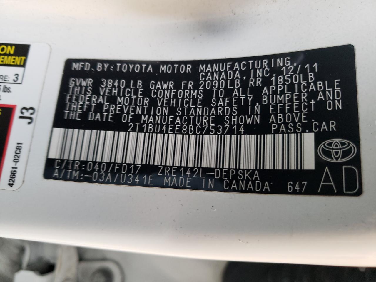 Photo 10 from auction – 2011 TOYOTA COROLLA BA with VIN 2T1BU4EE8BC753714