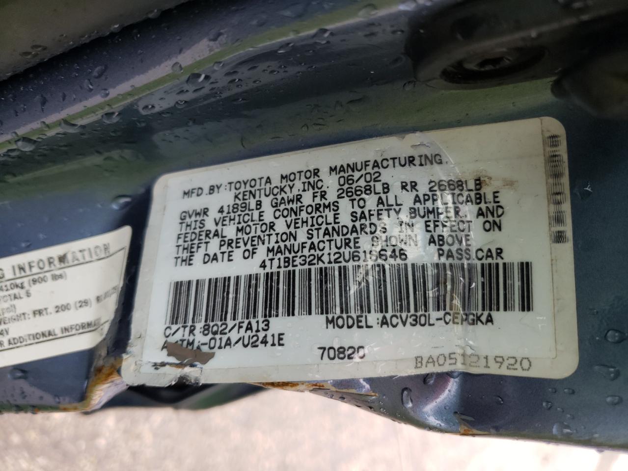 Photo 10 from auction – 2002 TOYOTA CAMRY LE with VIN 4T1BE32K12U616646