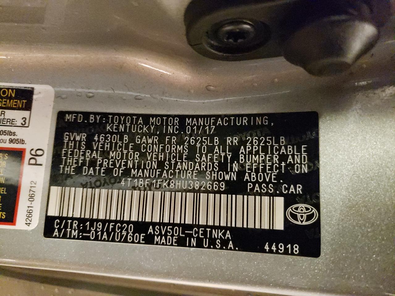 Photo 10 from auction – 2017 TOYOTA CAMRY LE with VIN 4T1BF1FK8HU382669