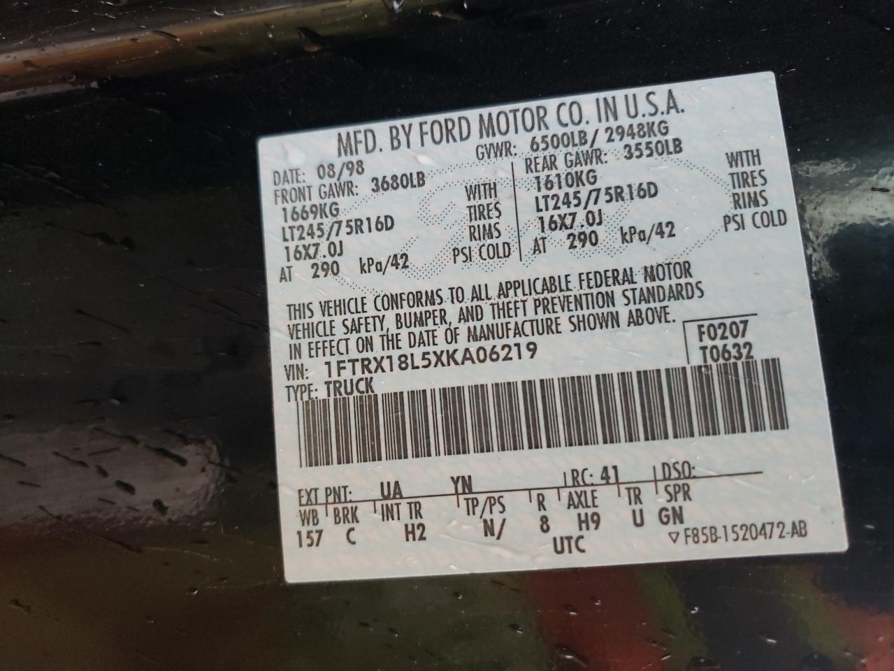 Photo 10 from auction – 1999 FORD F150 with VIN 1FTRX18L5XKA06219
