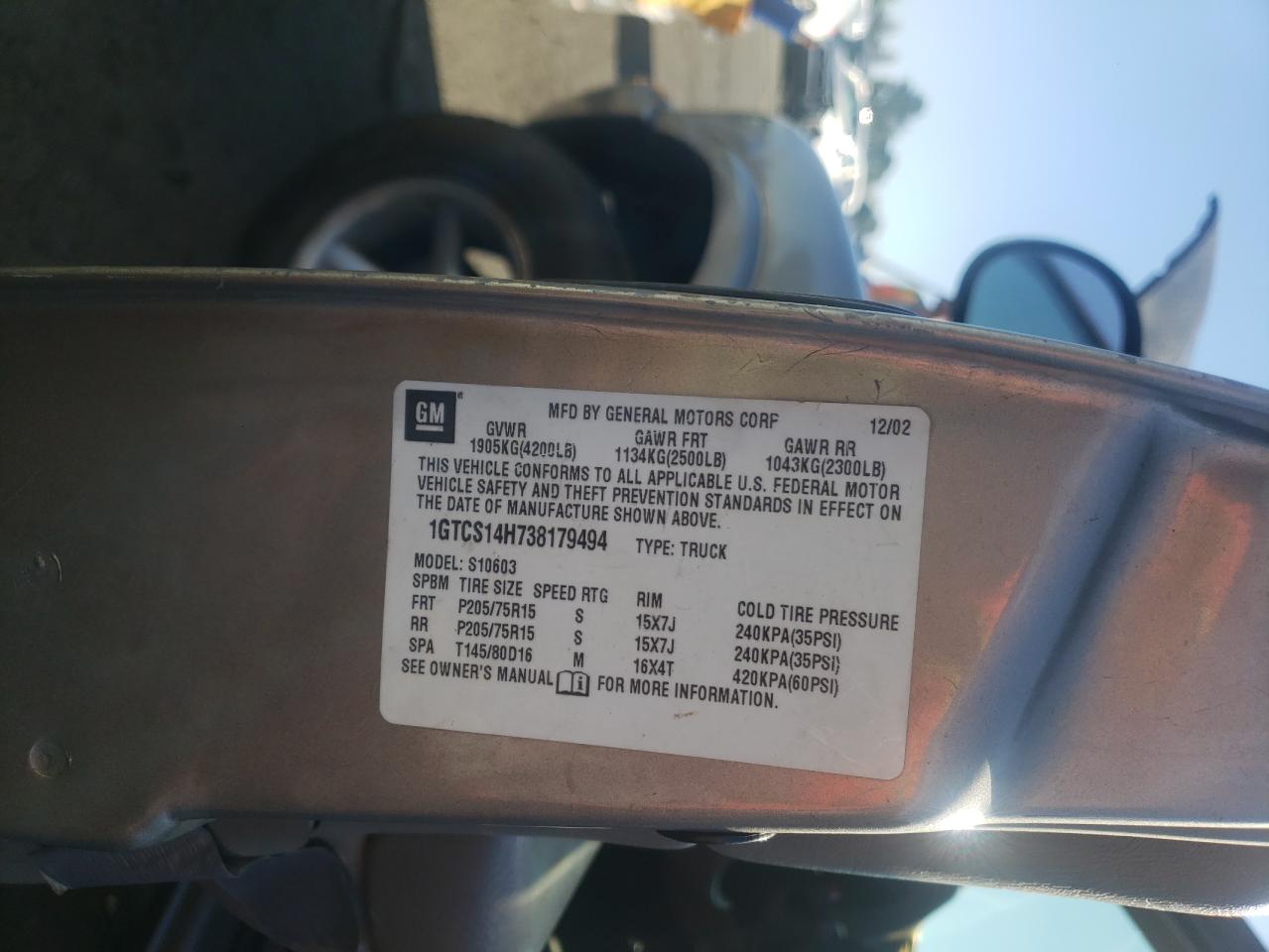 Photo 10 from auction – 2003 GMC SONOMA with VIN 1GTCS14H738179494