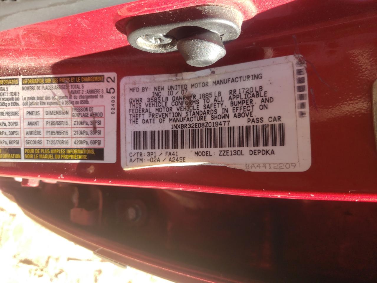 Photo 10 from auction – 2008 TOYOTA COROLLA with VIN 1NXBR32E08Z019477