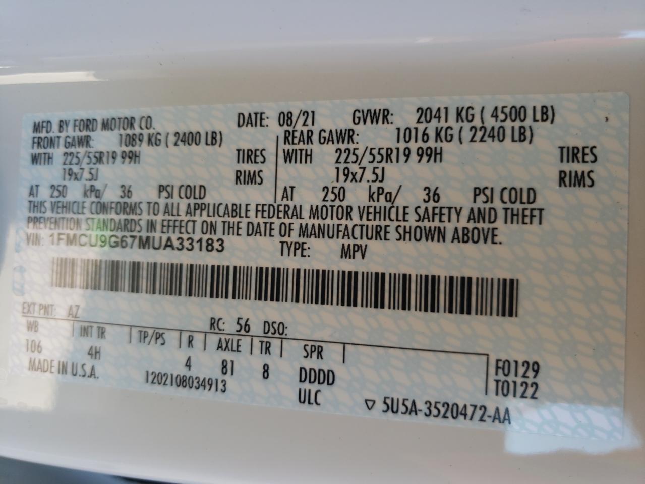 Photo 10 from auction – 2021 FORD ESCAPE SE with VIN 1FMCU9G67MUA33183