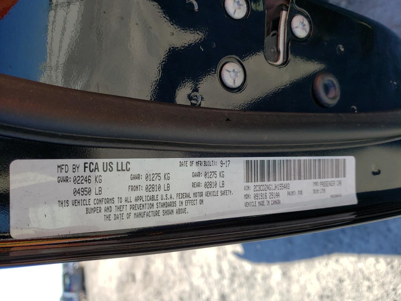 Photo 10 from auction – 2018 DODGE CHALLENGER with VIN 2C3CDZAG1JH155403