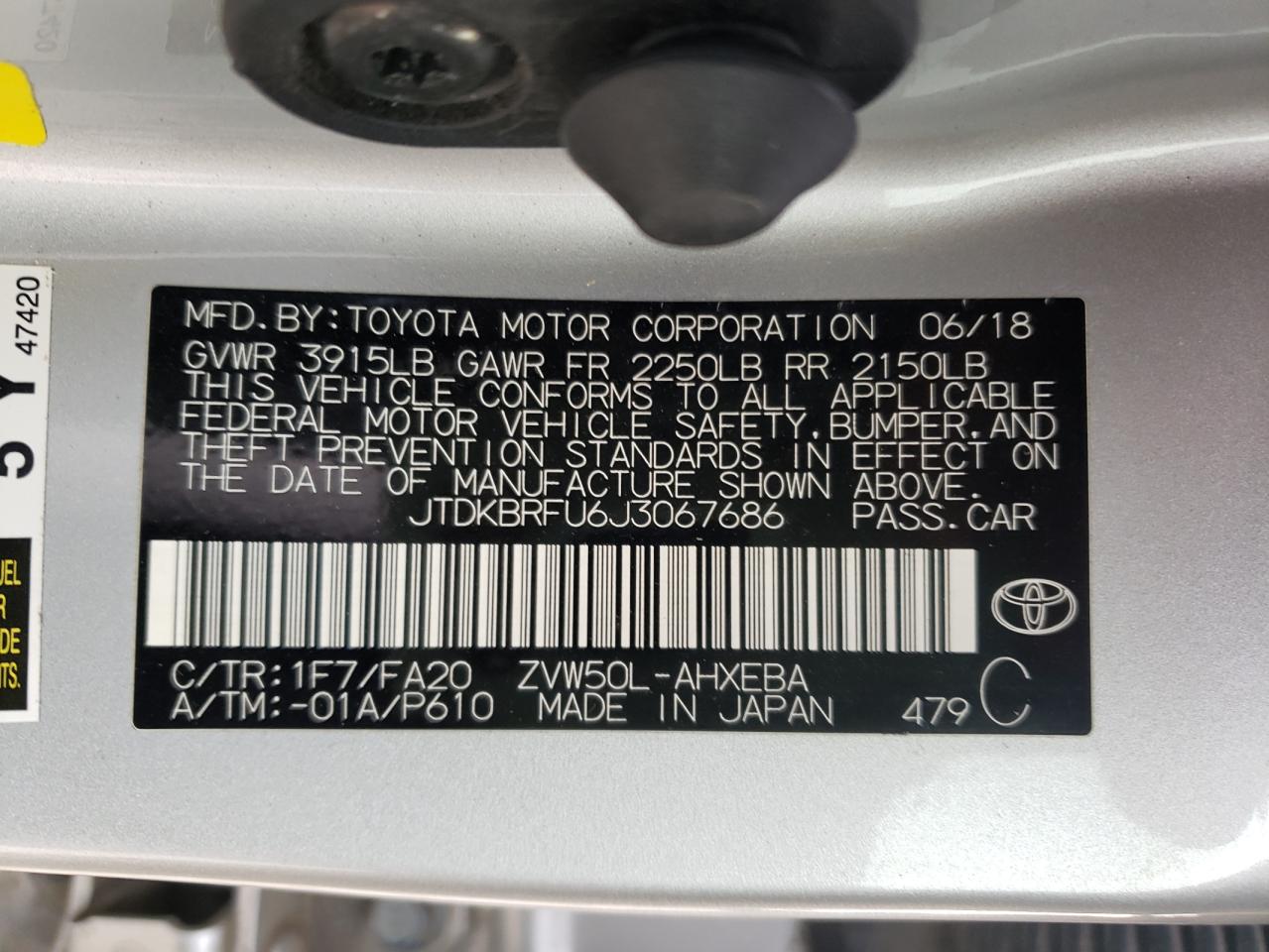 Photo 10 from auction – 2018 TOYOTA PRIUS with VIN JTDKBRFU6J3067686