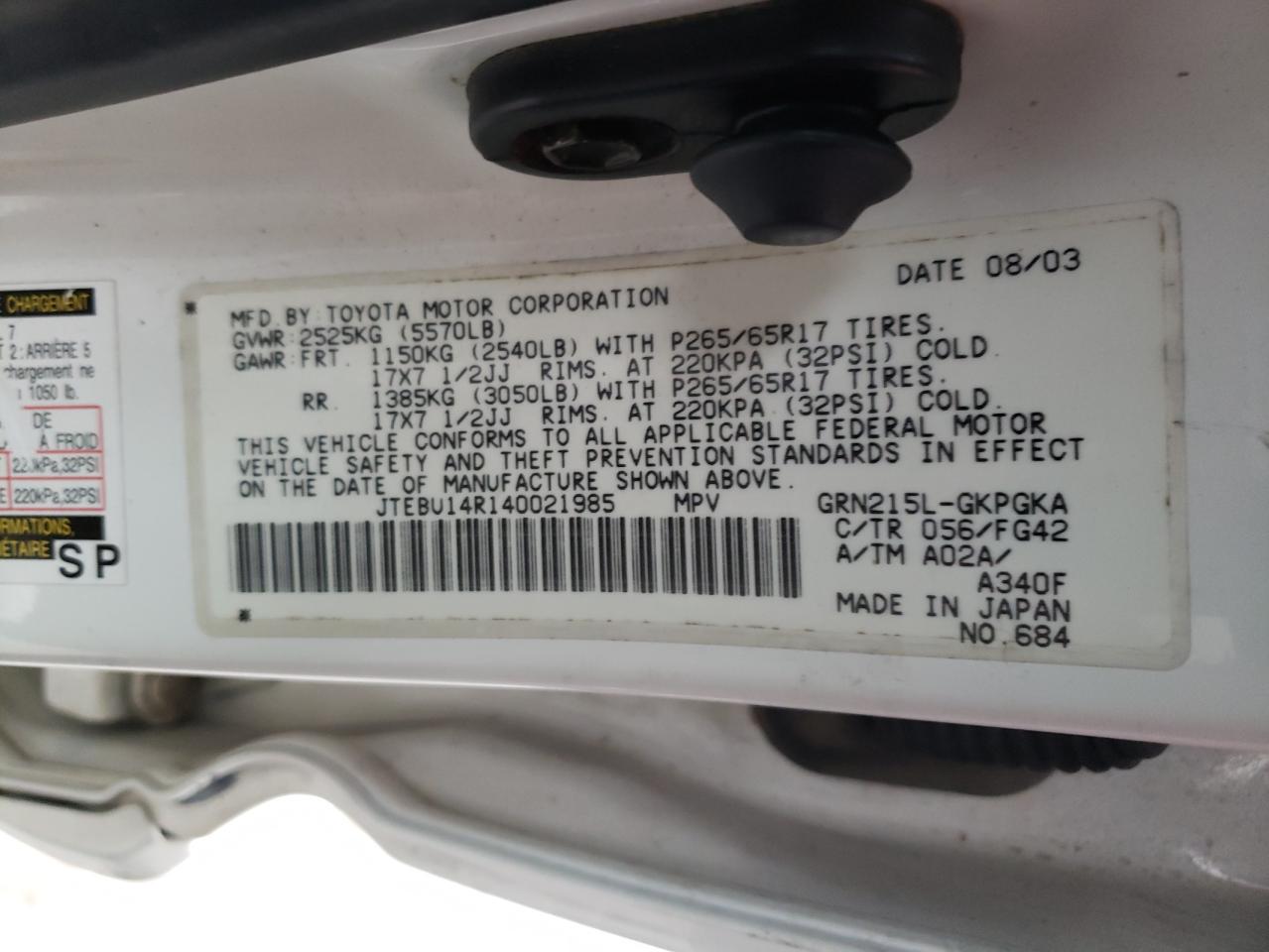 Foto 10 de la subasta – 2004 TOYOTA 4RUNNER SR con VIN JTEBU14R140021985