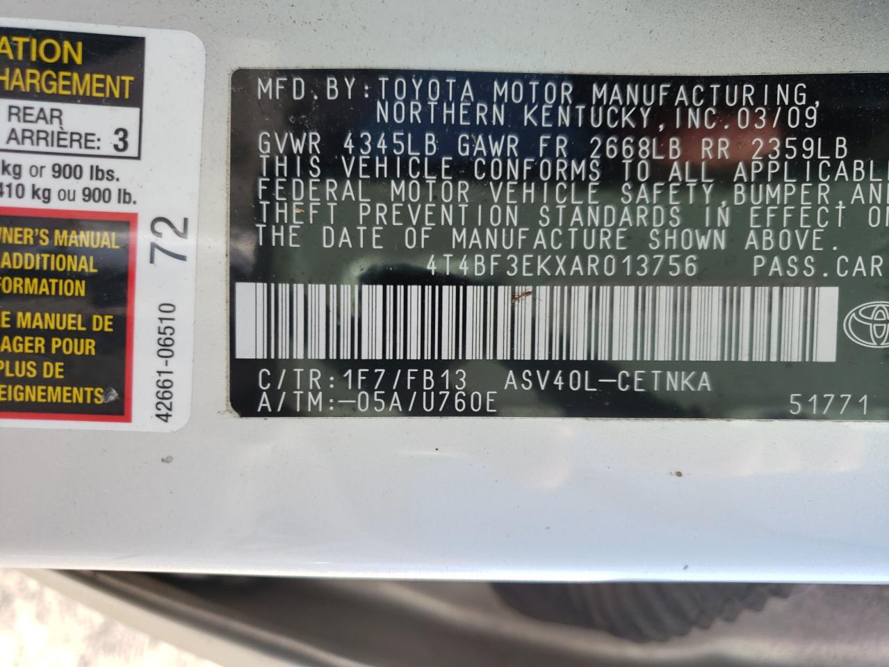Photo 10 from auction – 2010 TOYOTA CAMRY BASE with VIN 4T4BF3EKXAR013756