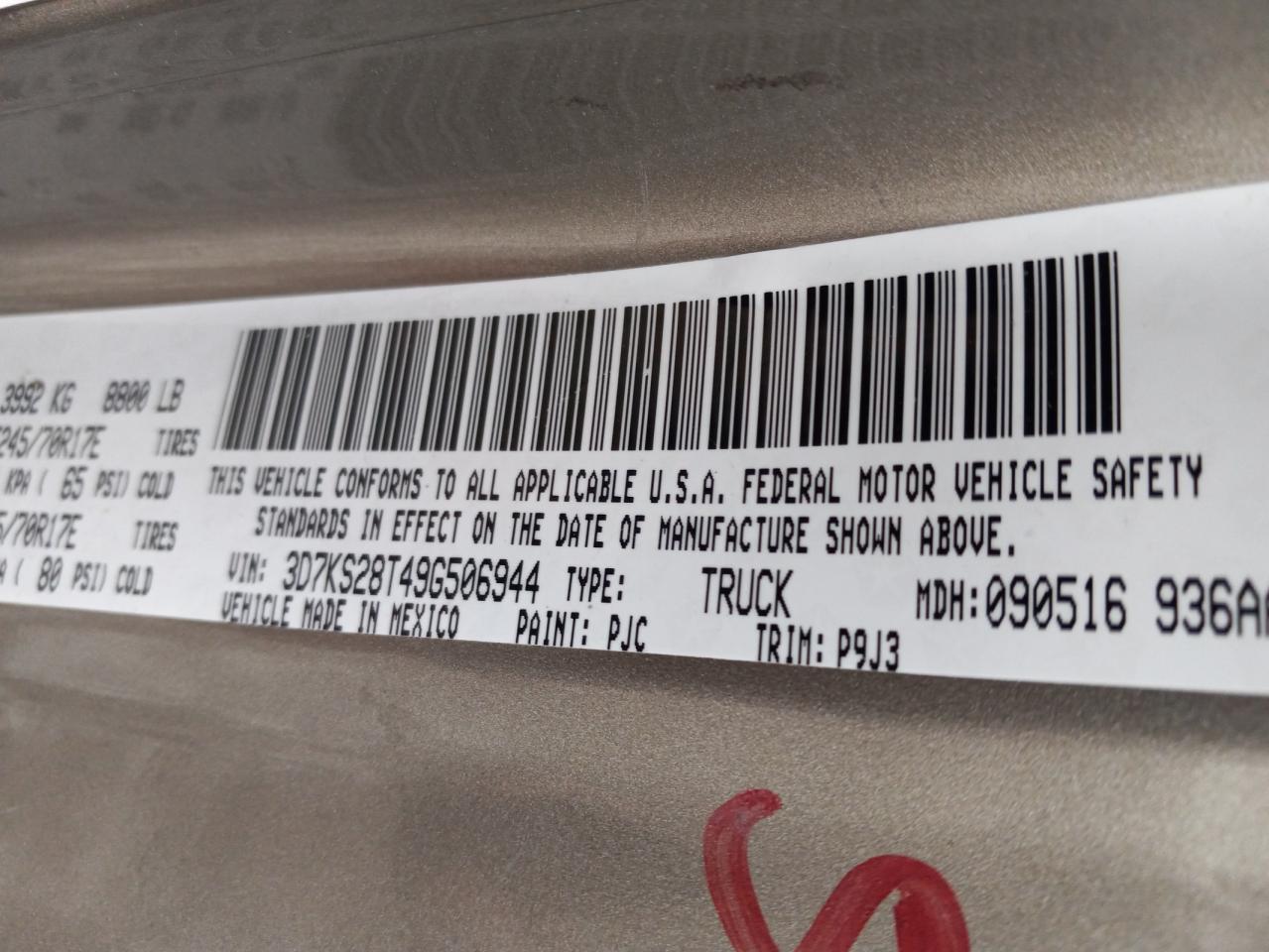 Photo 10 from auction – 2009 DODGE RAM 2500 with VIN 3D7KS28T49G506944