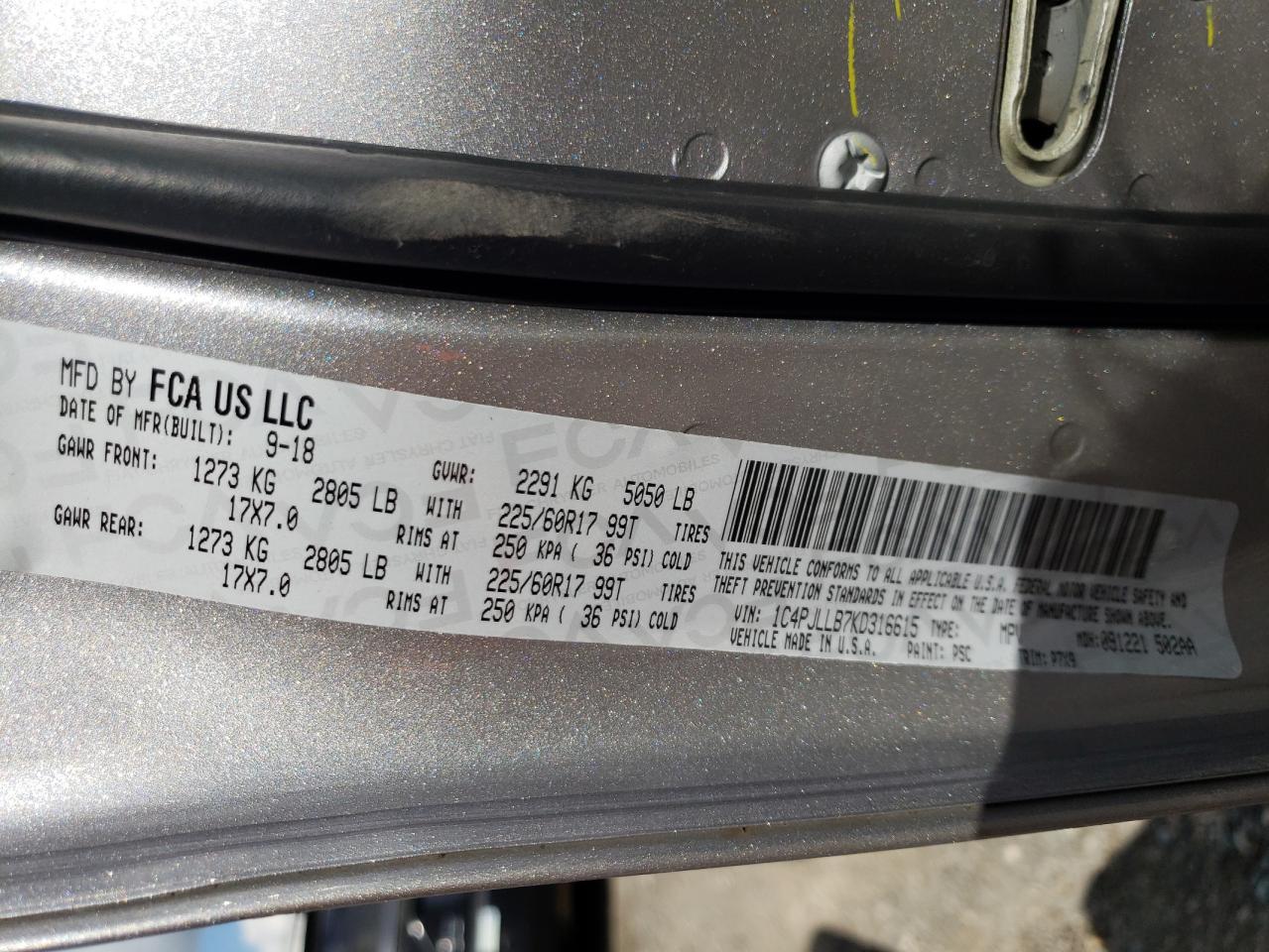 Photo 10 from auction – 2019 JEEP CHEROKEE L with VIN 1C4PJLLB7KD316615