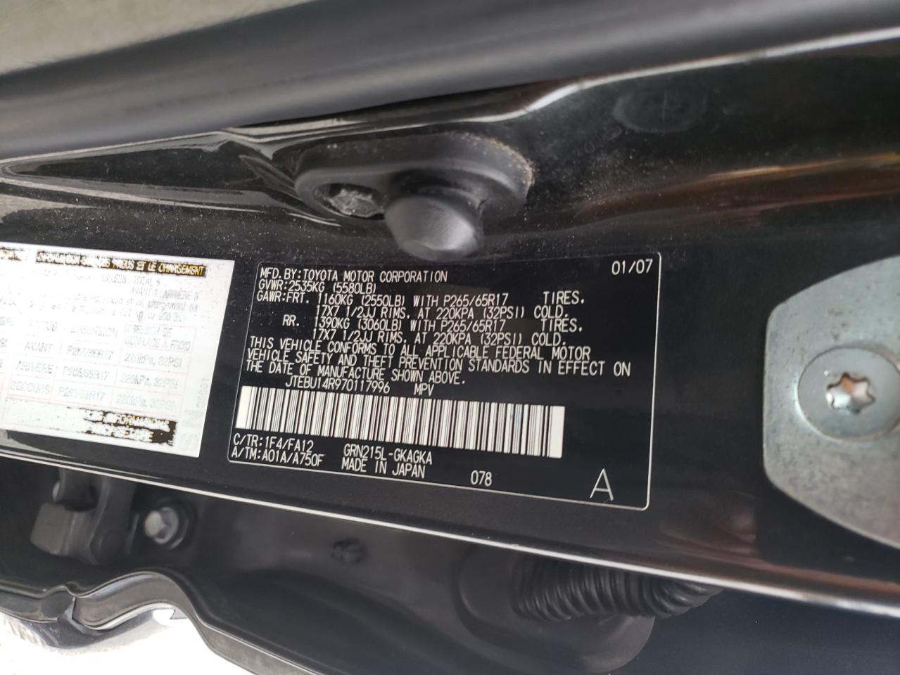 Photo 10 from auction – 2007 TOYOTA 4RUNNER SR with VIN JTEBU14R970117996