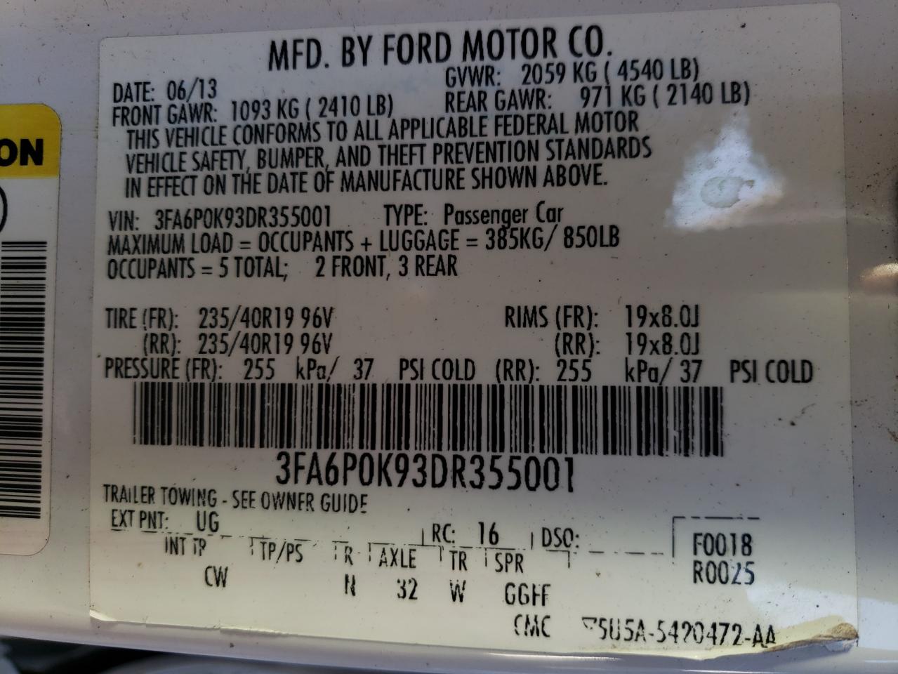 Photo 10 from auction – 2013 FORD FUSION TIT with VIN 3FA6P0K93DR355001
