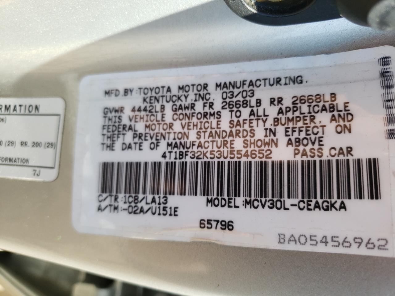 Photo 10 from auction – 2003 TOYOTA CAMRY LE with VIN 4T1BF32K53U554652