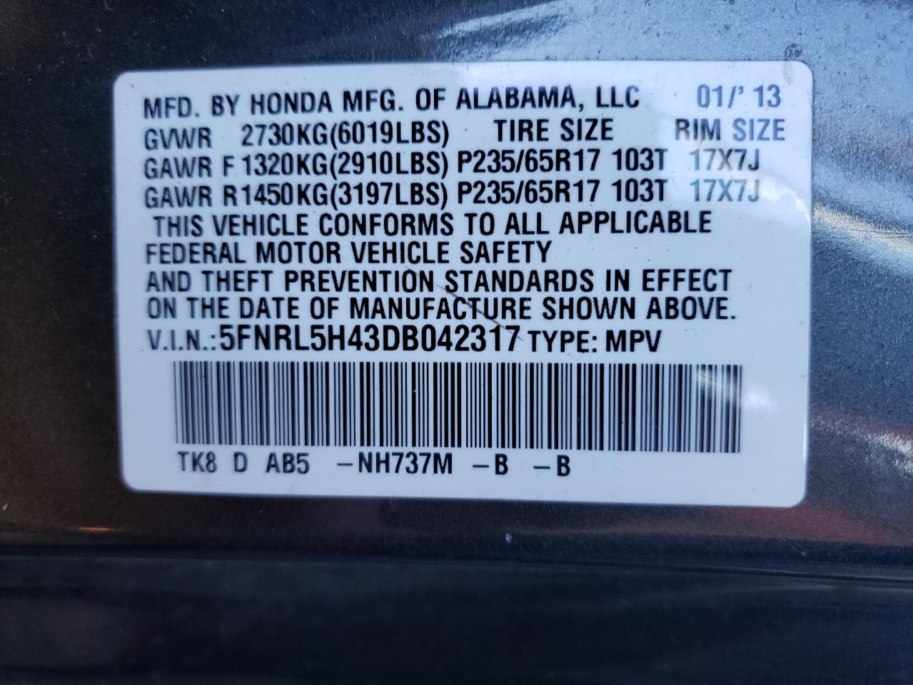 Photo 10 from auction – 2013 HONDA ODYSSEY EX with VIN 5FNRL5H43DB042317
