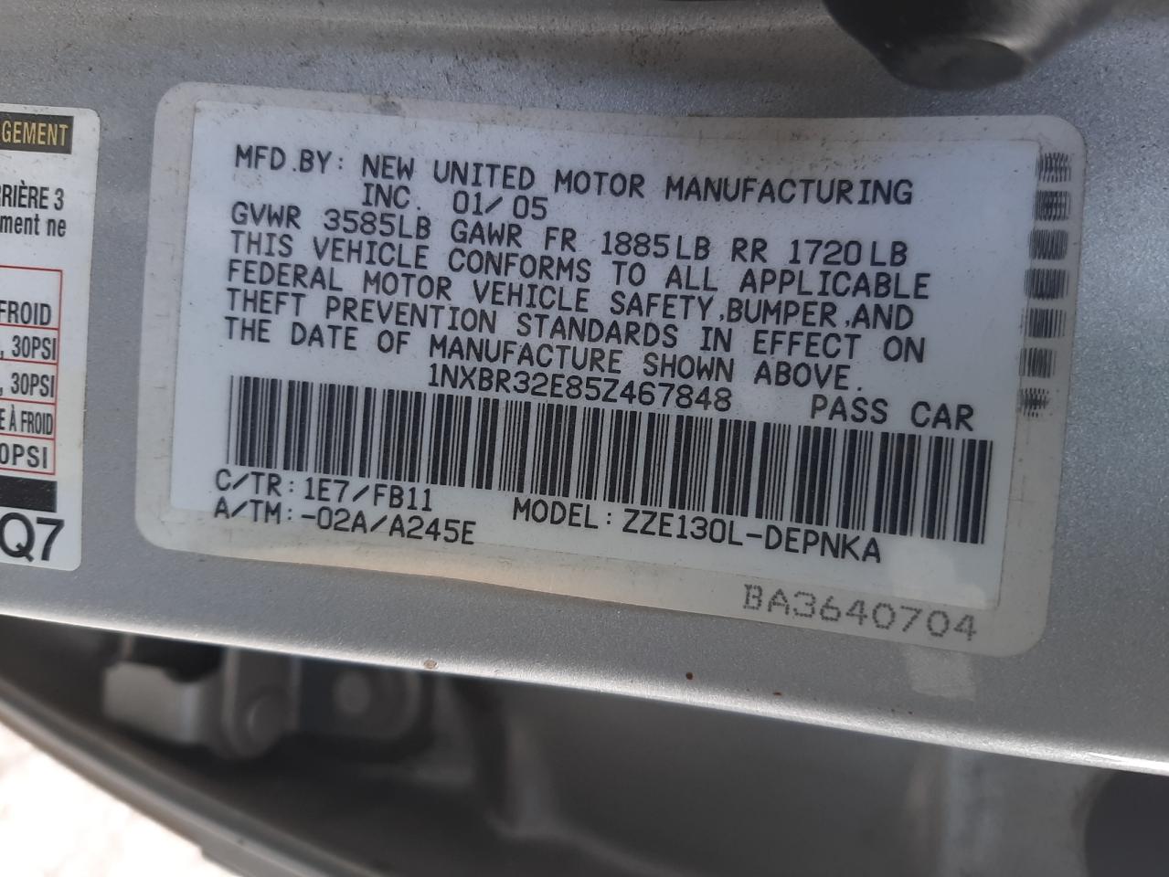 Photo 10 from auction – 2005 TOYOTA COROLLA CE with VIN 1NXBR32E85Z467848