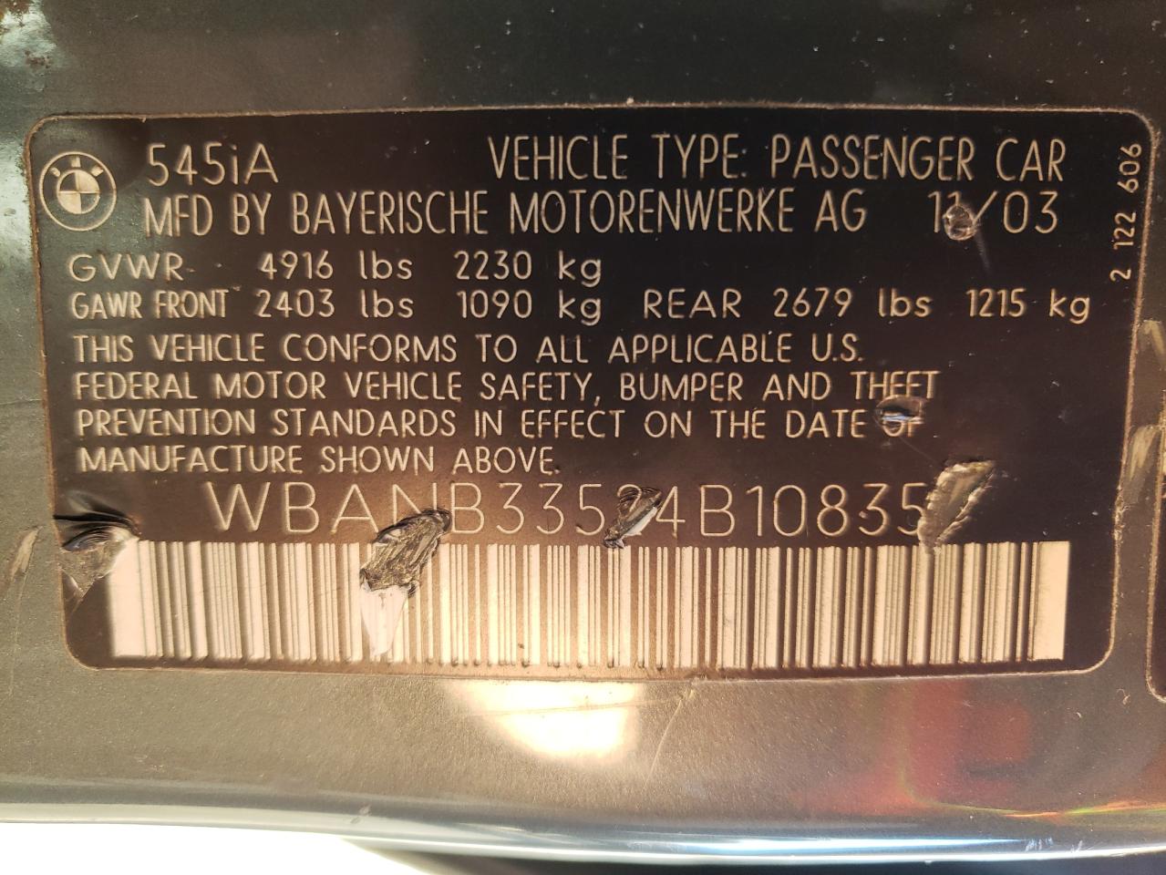 Photo 10 from auction – 2004 BMW 545 I with VIN WBANB33524B108359