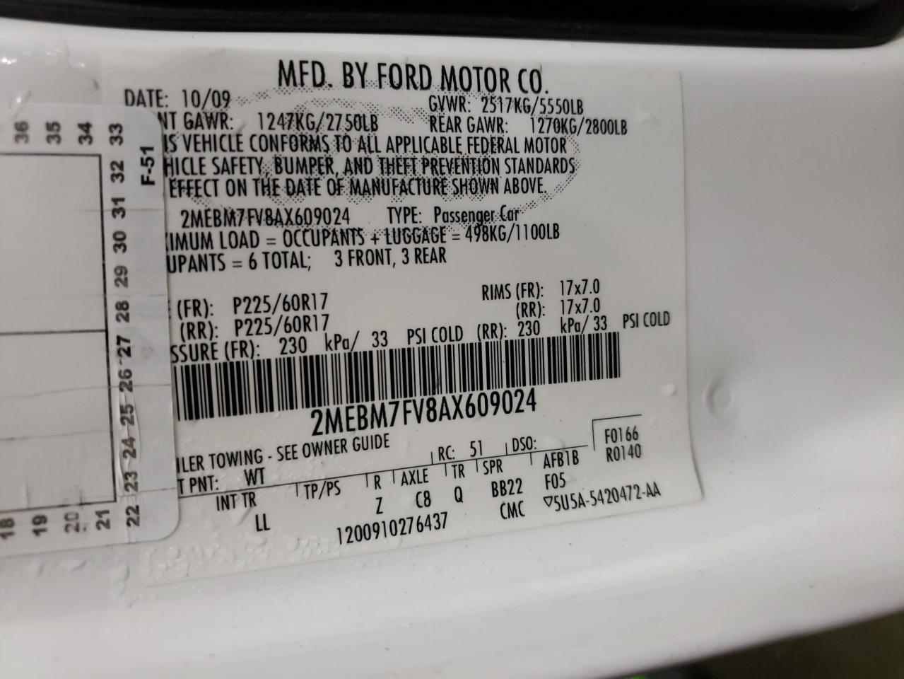 Photo 10 from auction – 2010 MERCURY GRAND MARQ with VIN 2MEBM7FV8AX609024