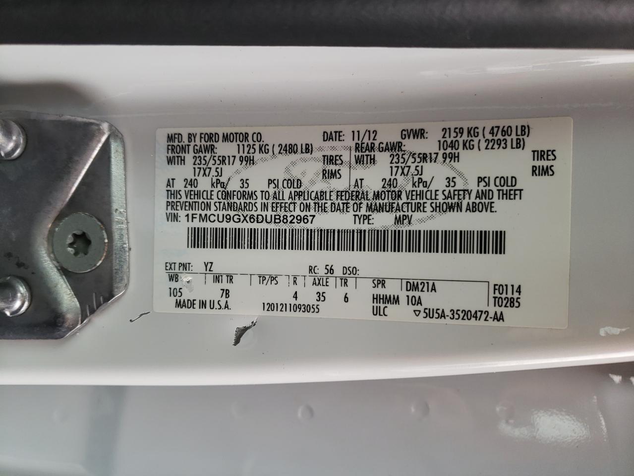 Photo 10 from auction – 2013 FORD ESCAPE SE with VIN 1FMCU9GX6DUB82967