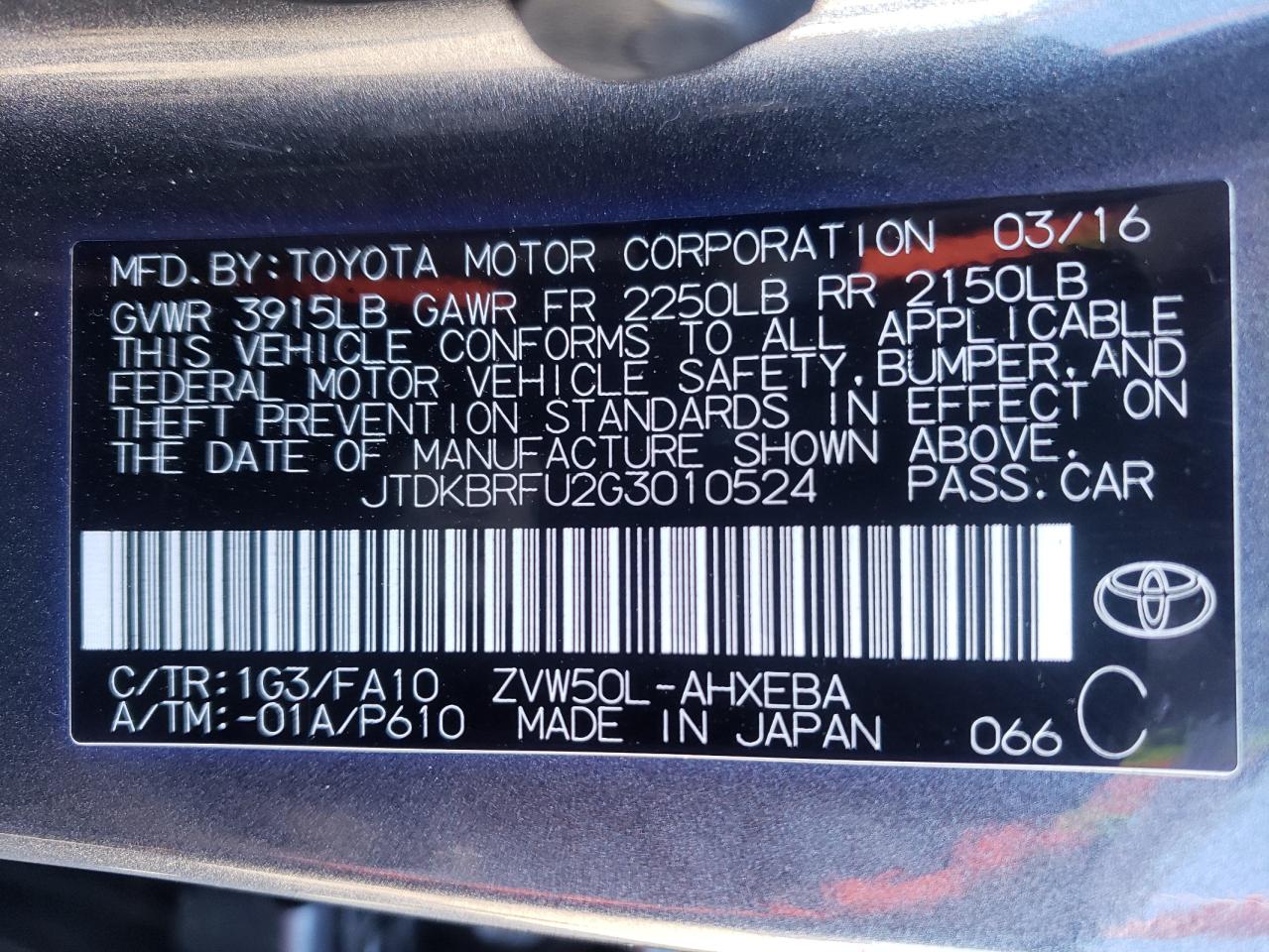 Photo 10 from auction – 2016 TOYOTA PRIUS with VIN JTDKBRFU2G3010524