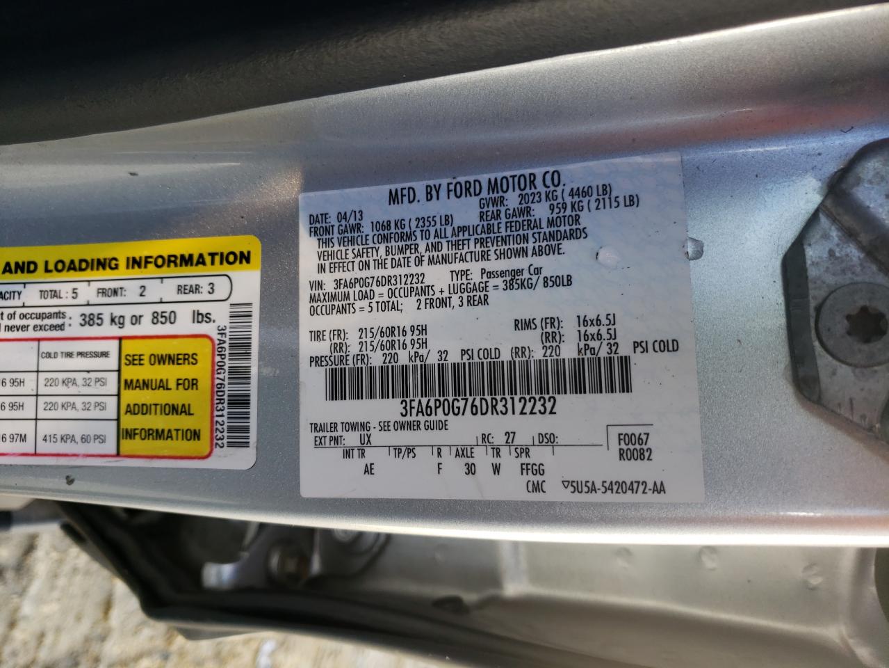Photo 10 from auction – 2013 FORD FUSION S with VIN 3FA6P0G76DR312232