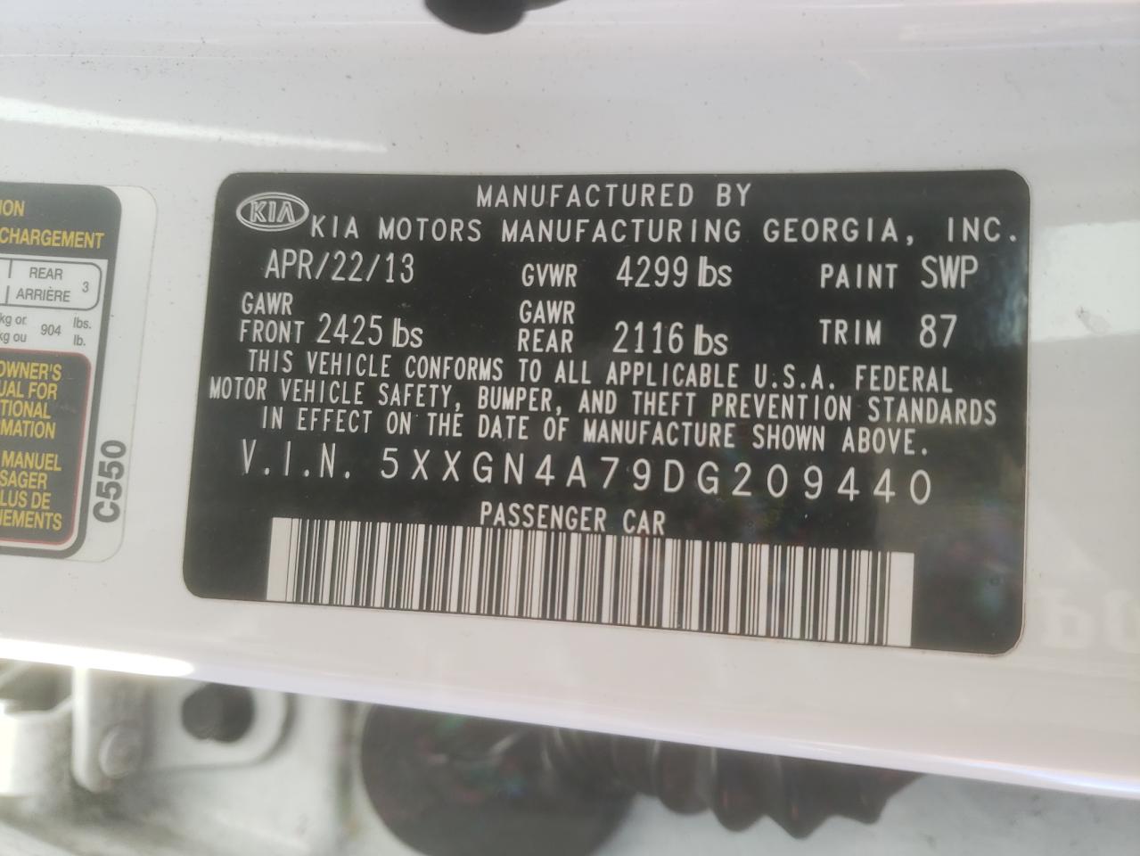 Zdjęcie 10 z aukcji – 2013 KIA OPTIMA EX z VIN 5XXGN4A79DG209440