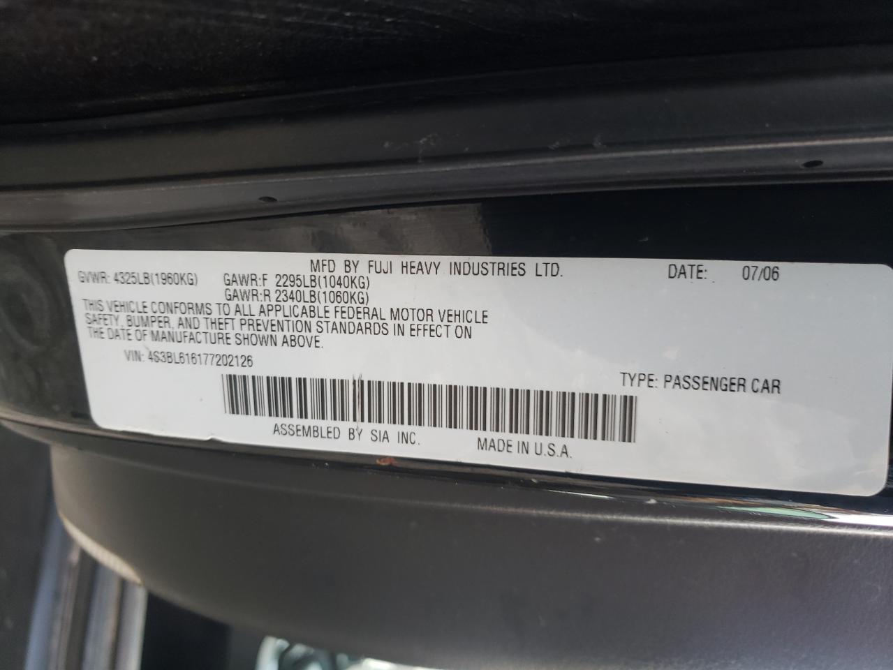 Photo 10 from auction – 2007 SUBARU LEGACY 2.5 with VIN 4S3BL616177202126