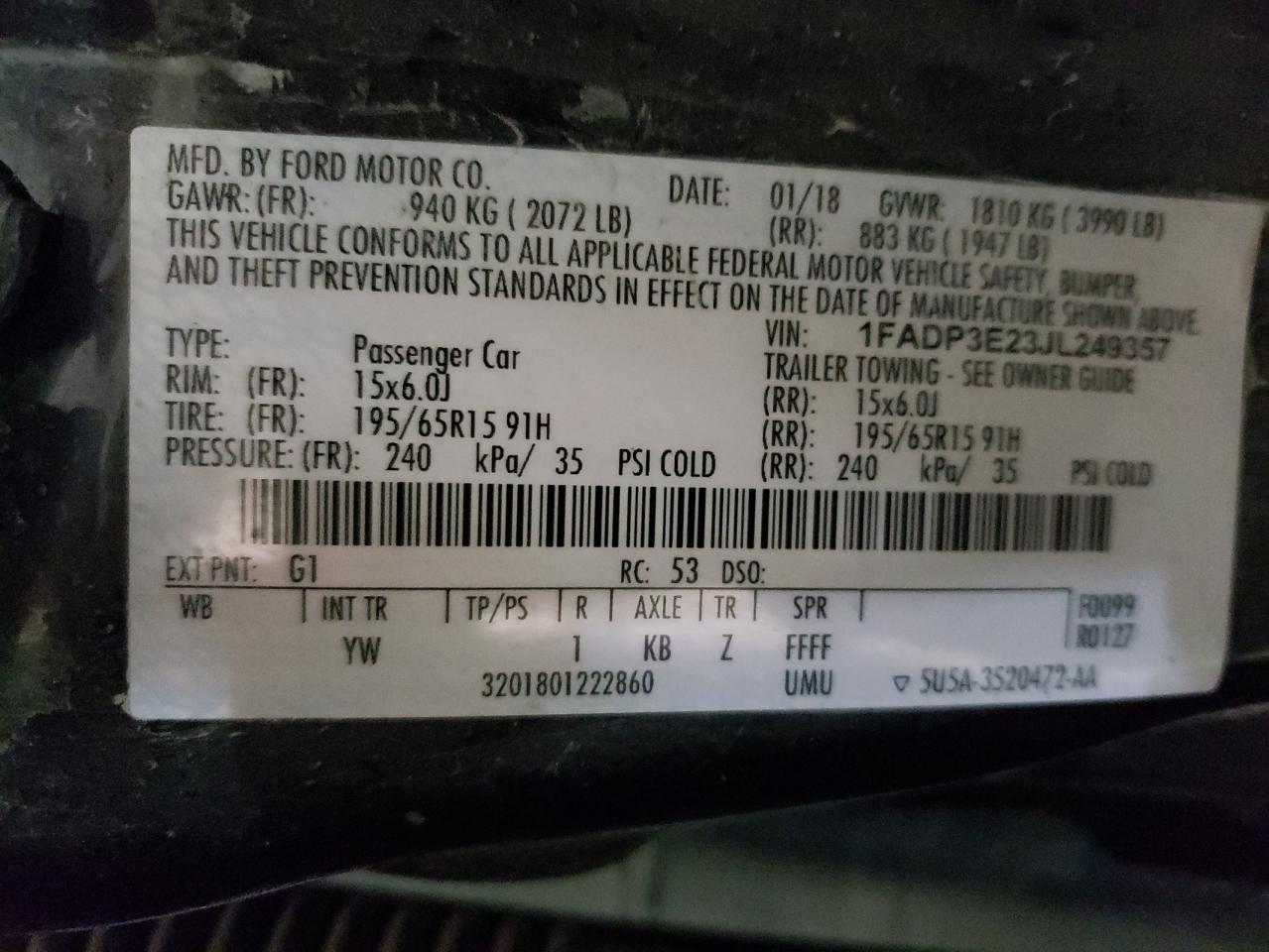 Photo 10 from auction – 2018 FORD FOCUS S with VIN 1FADP3E23JL249357