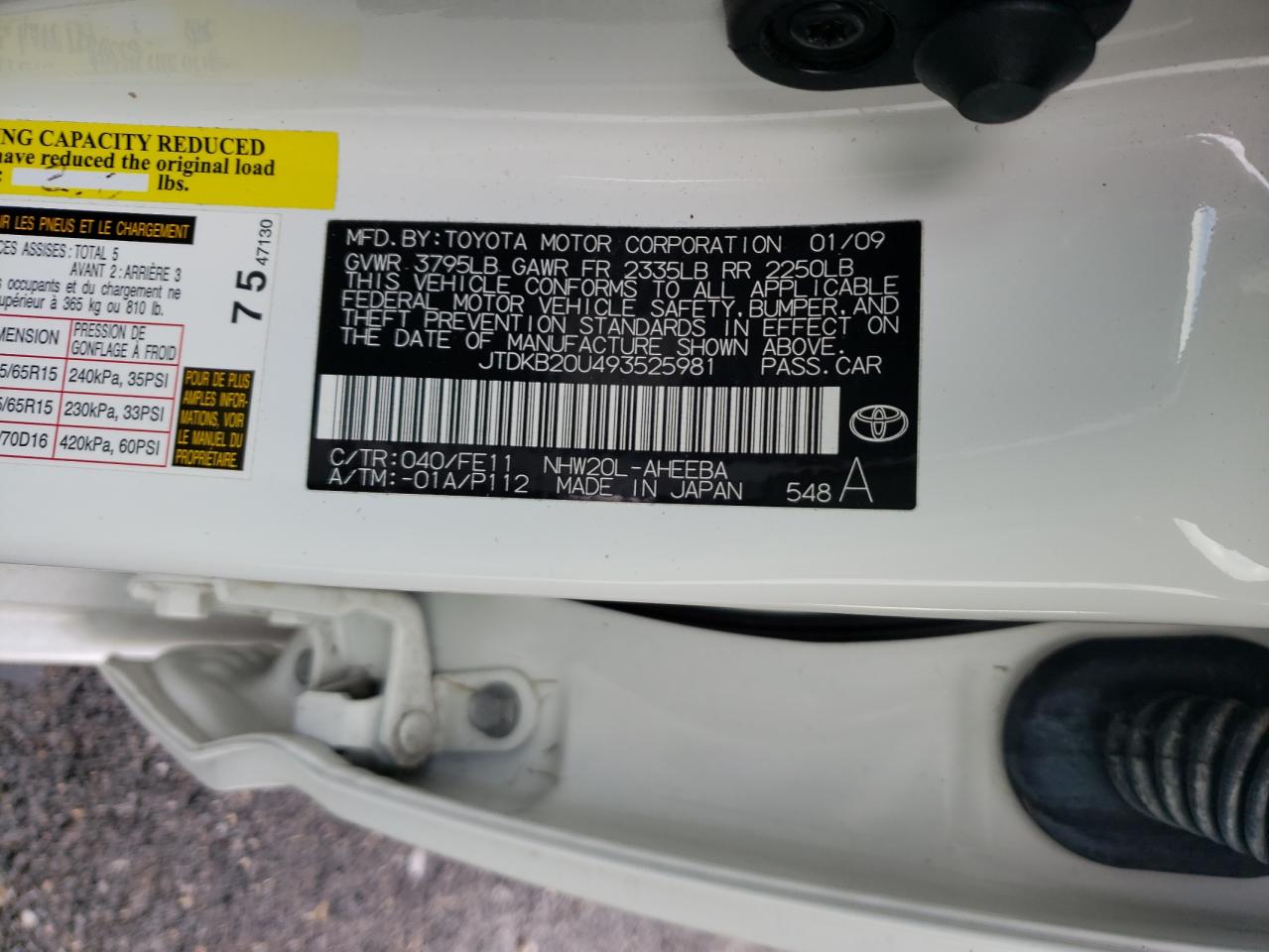 Photo 10 from auction – 2009 TOYOTA PRIUS with VIN JTDKB20U493525981