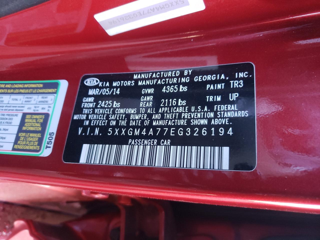 Photo 10 from auction – 2014 KIA OPTIMA EX with VIN 5XXGM4A77EG326194