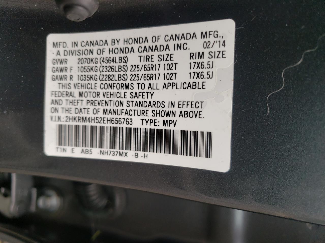 Photo 10 from auction – 2014 HONDA CR-V EX with VIN 2HKRM4H52EH656763