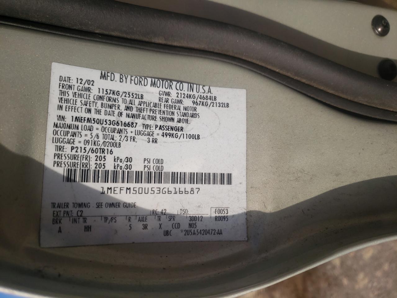 Photo 10 from auction – 2003 MERCURY SABLE GS with VIN 1MEFM50U53G616687