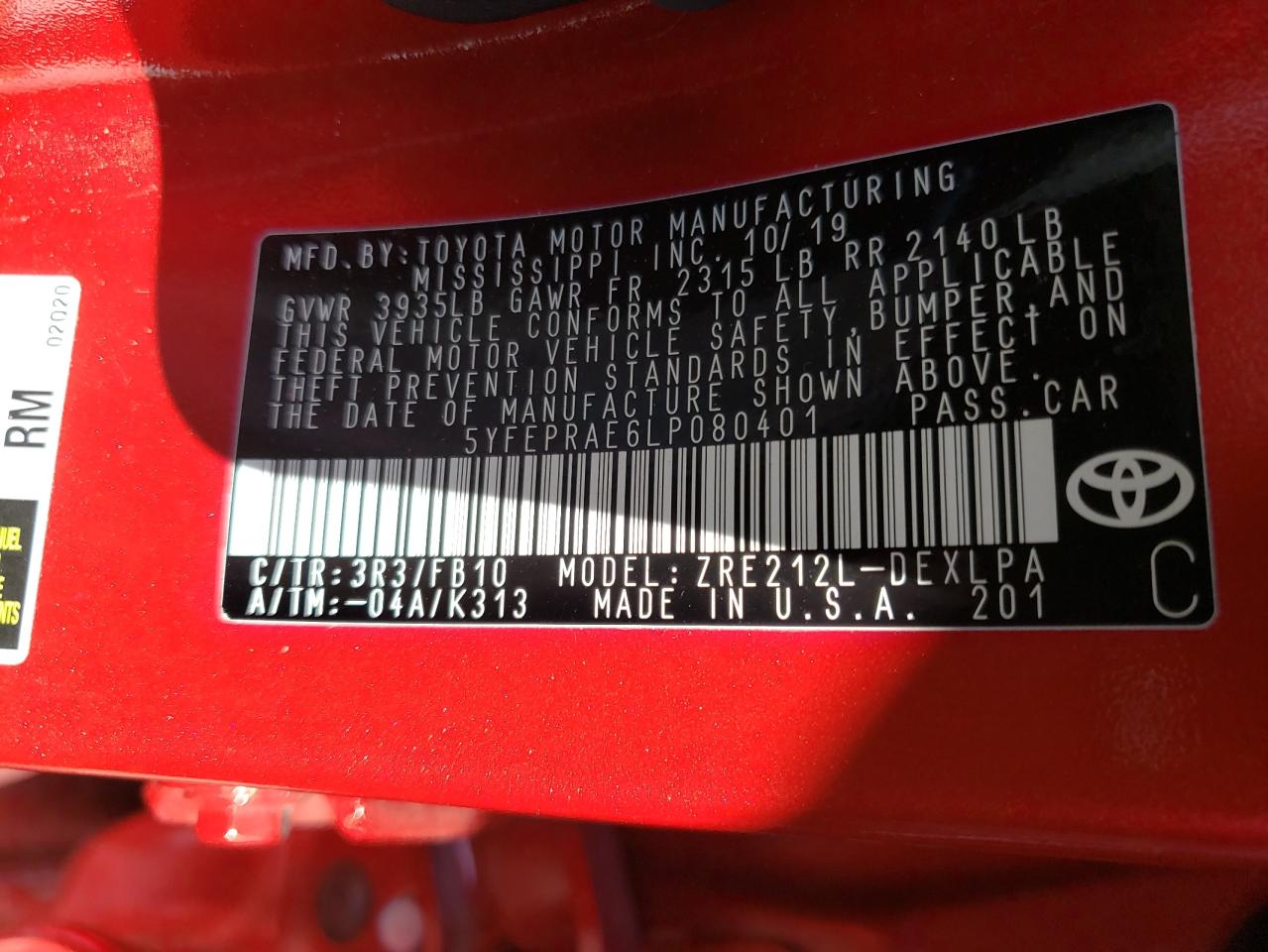 Photo 10 from auction – 2020 TOYOTA COROLLA LE with VIN 5YFEPRAE6LP080401