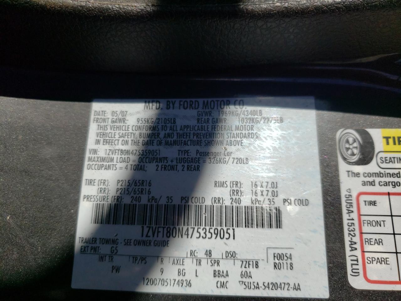 Photo 10 from auction – 2007 FORD MUSTANG with VIN 1ZVFT80N475359051