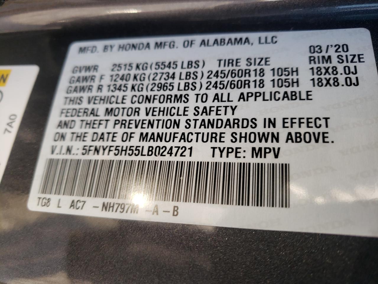 Photo 10 from auction – 2020 HONDA PILOT EXL with VIN 5FNYF5H55LB024721