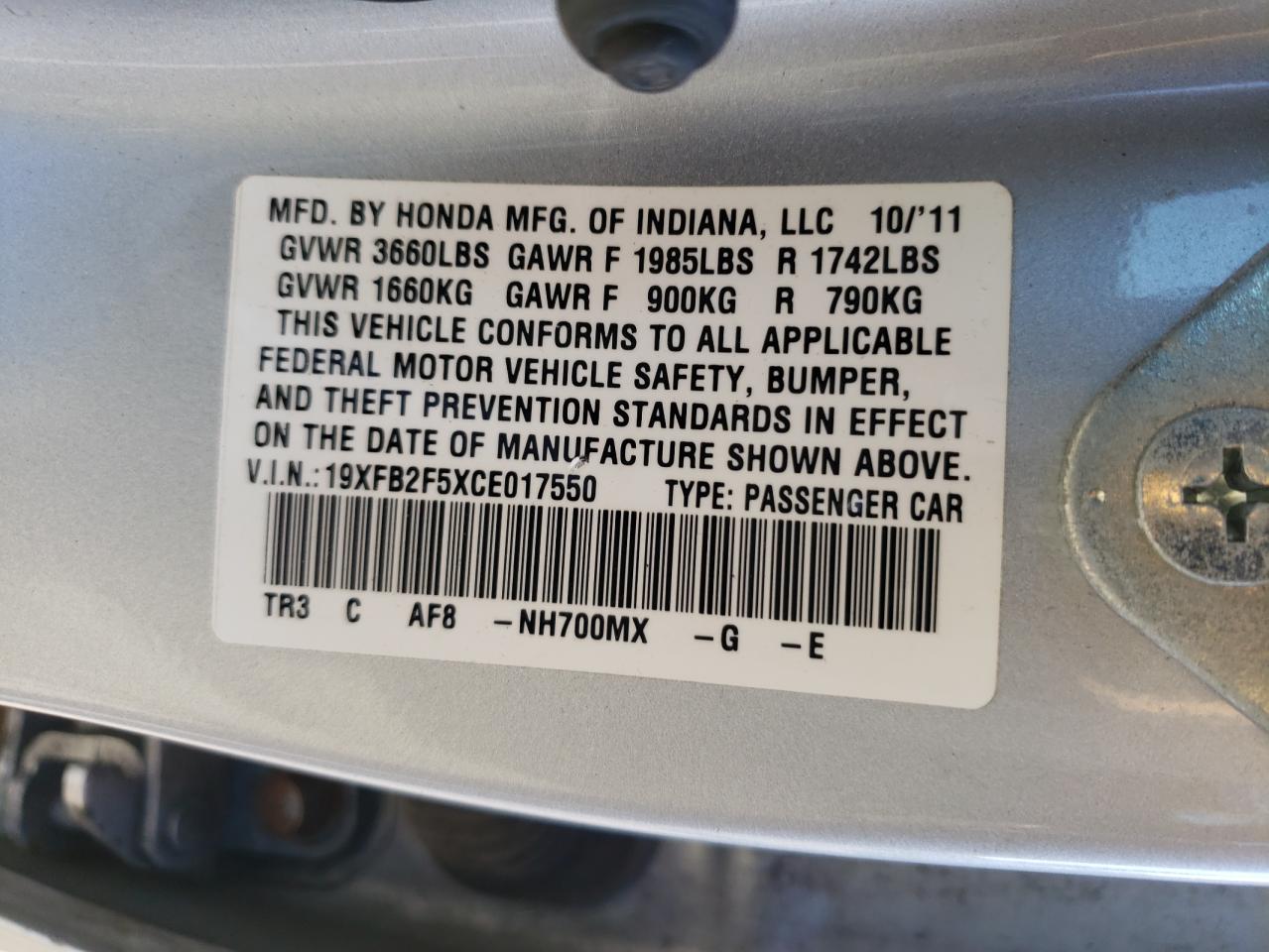 Photo 10 from auction – 2012 HONDA CIVIC LX with VIN 19XFB2F5XCE017550