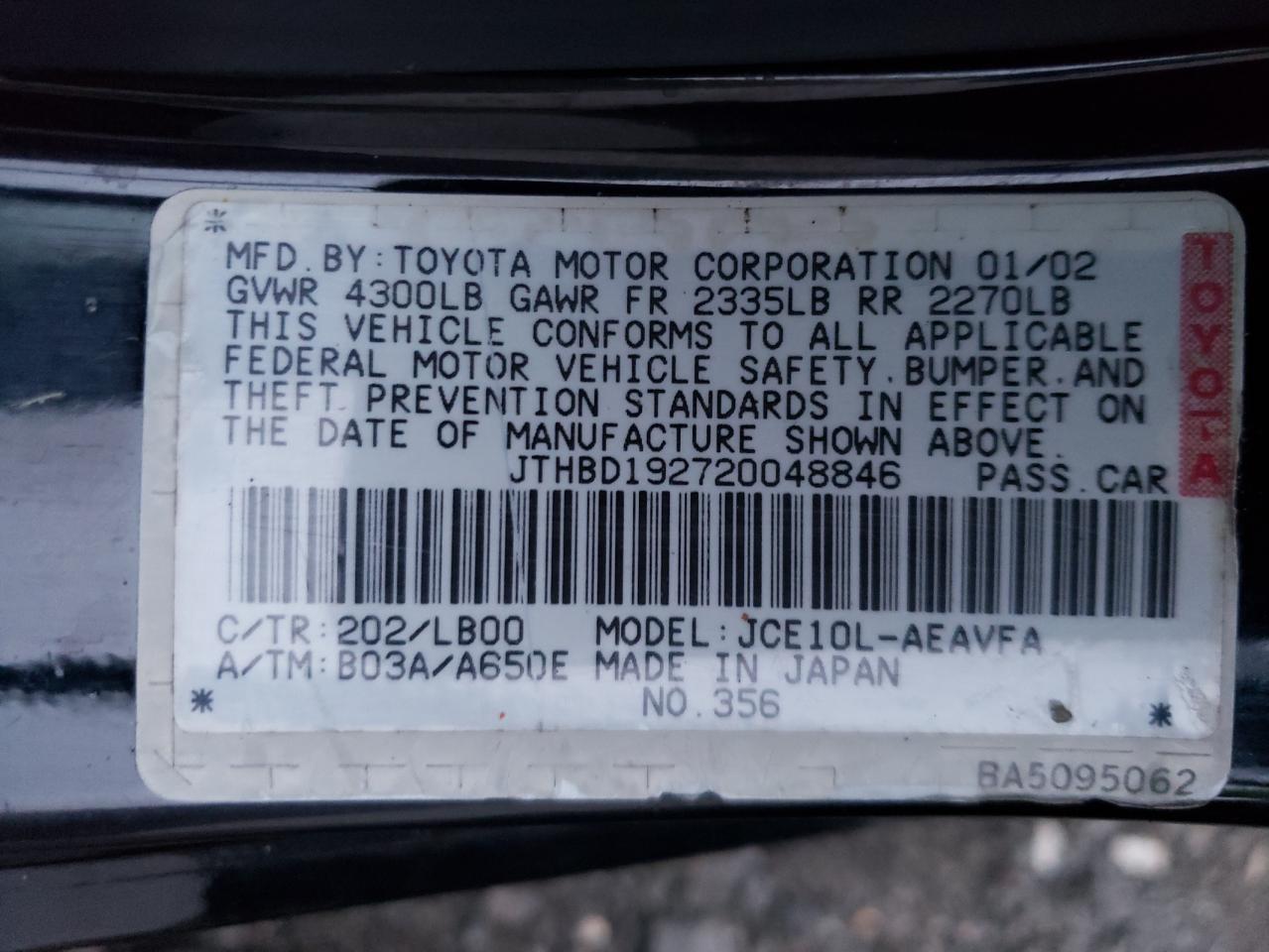 Photo 10 from auction – 2002 LEXUS IS 300 with VIN JTHBD192720048846