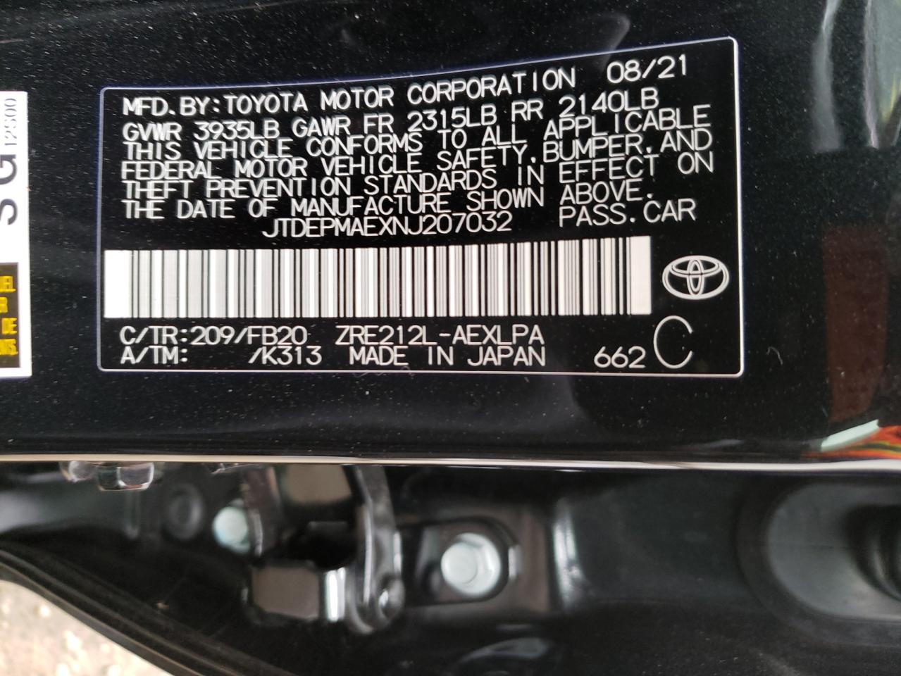 Photo 10 from auction – 2022 TOYOTA COROLLA LE with VIN JTDEPMAEXNJ207032